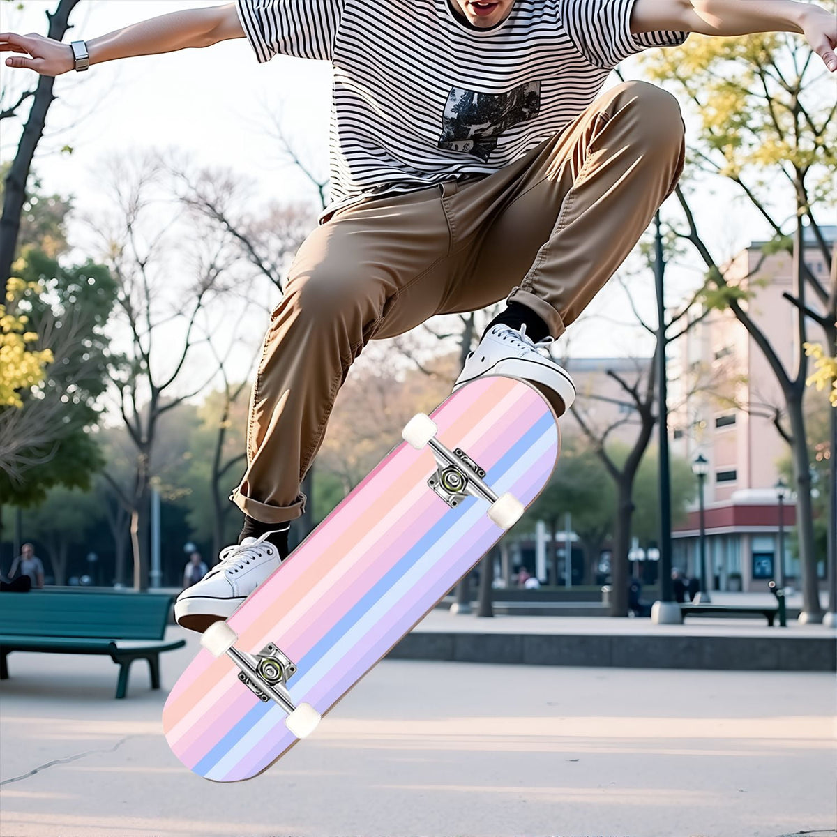 31"x8" Complete Skateboards for Beginners,Vibrant Diagonal Rainbow Gradient Abstract Art Double Kick 7 Ply Canadian Maple Deck Skateboard with Wheels, Gifts for Kids Teens