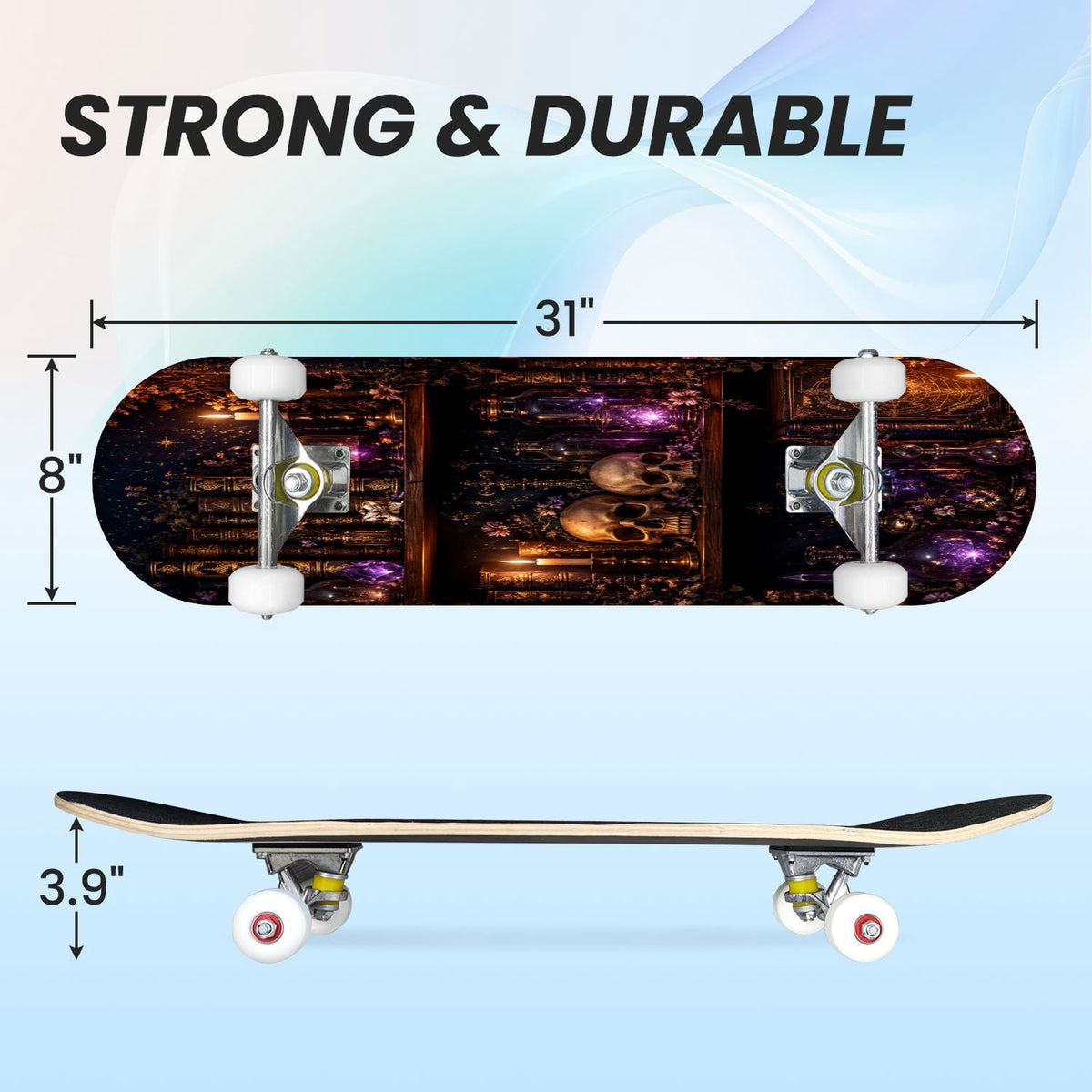 31"x8" Complete Skateboards for Beginners, Glowing Bioluminescent Mushrooms Mystical Forest Double Kick 7 Ply Canadian Maple Deck Skateboard with Wheels, Gifts for Kids Teens