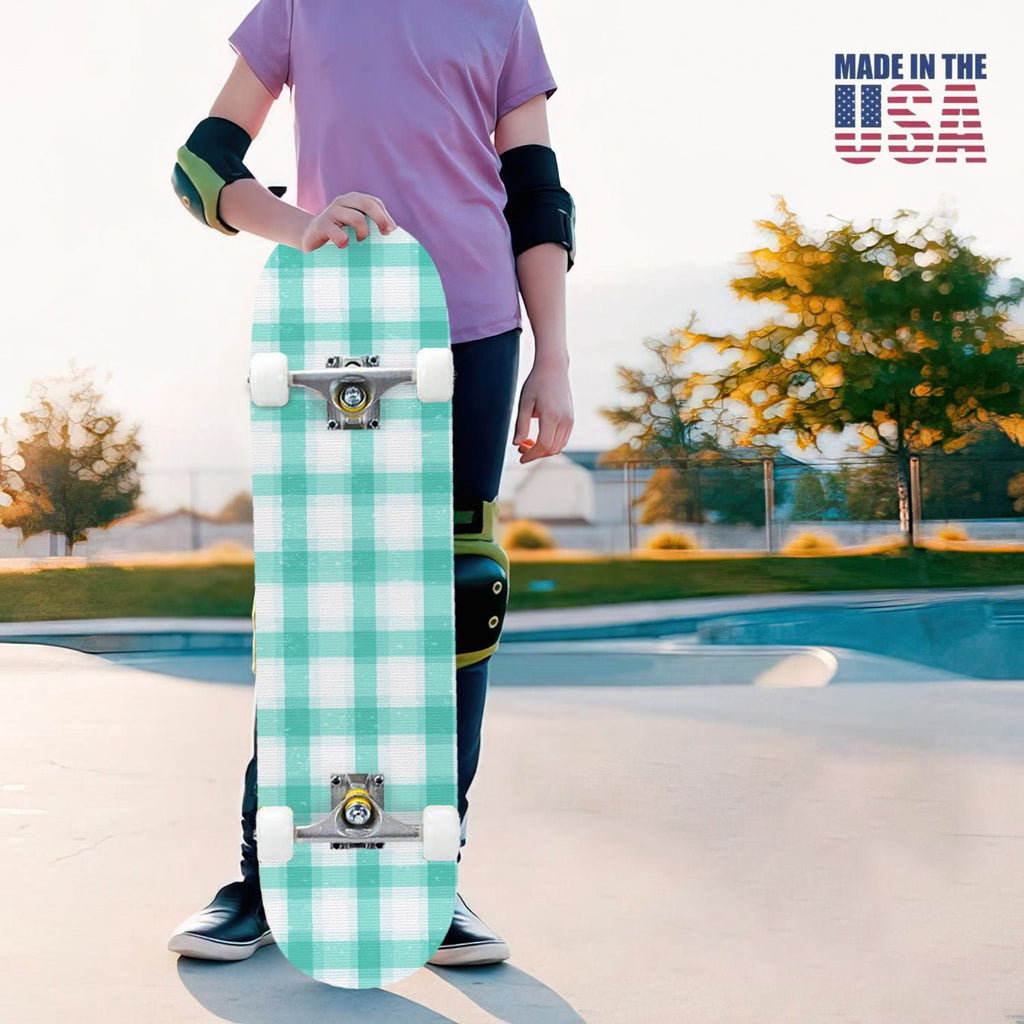 31"x8" Complete Skateboards for Beginners,Green White Plaid Checkered Watercolor Double Kick 7 Ply Canadian Maple Deck Skateboard with Wheels, Gifts for Kids Teens