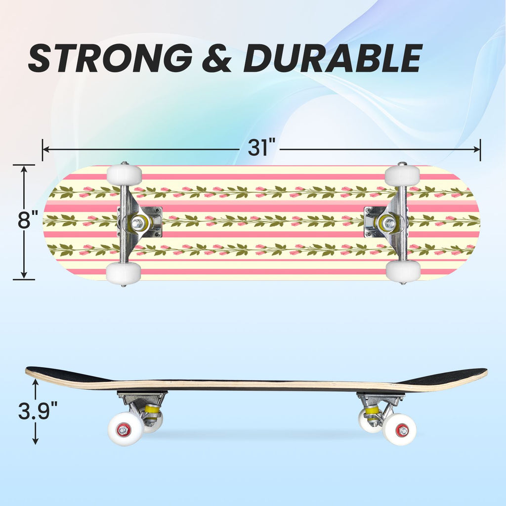 31"x8" Complete Skateboards for Beginners, Pink Floral Striped Delicate Leaves Flowers Botanical Double Kick 7 Ply Canadian Maple Deck Skateboard with Wheels, Gifts for Girls Teens