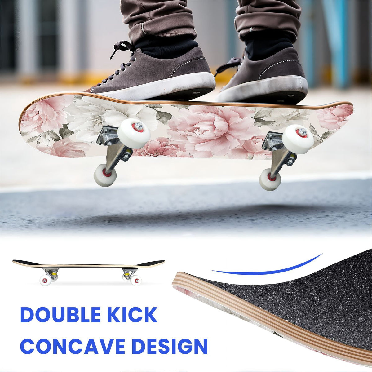 31"x8" Complete Skateboards for Beginners, Elegant Peony Floral Soft Pink White Tones Neutral Double Kick 7 Ply Canadian Maple Deck Skateboard with Wheels, Gifts for Kids Teens