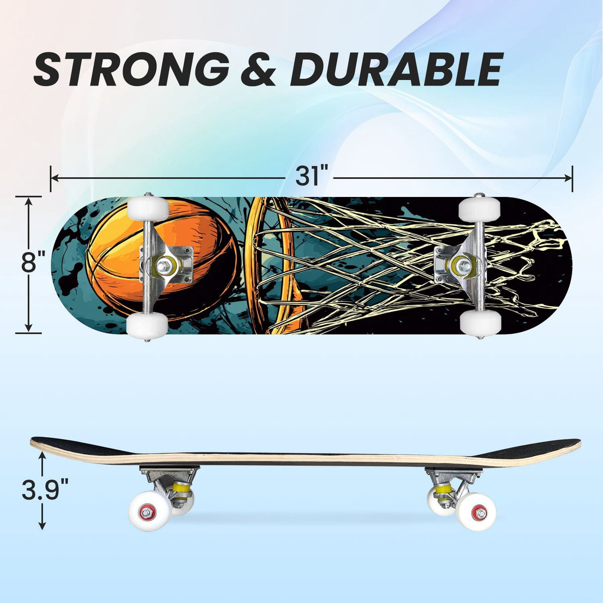 31"x8" Complete Skateboards for Beginners,Abstract Soccer Ball Vibrant Paint Splashes Drips Double Kick 7 Ply Canadian Maple Deck Skateboard with Wheels, Sports Gifts for Kids Teens