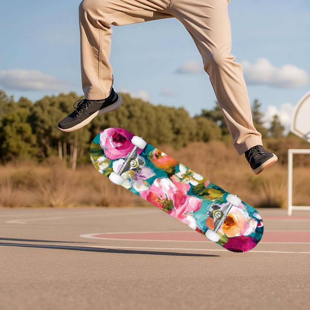 Vibrant Floral Bouquet Pink Roses Bright Colors Teal 31" x 8" Complete Skateboard, 7-Ply Canadian Maple Double Kick Trick Board for Kids and Beginners Adult Gifts