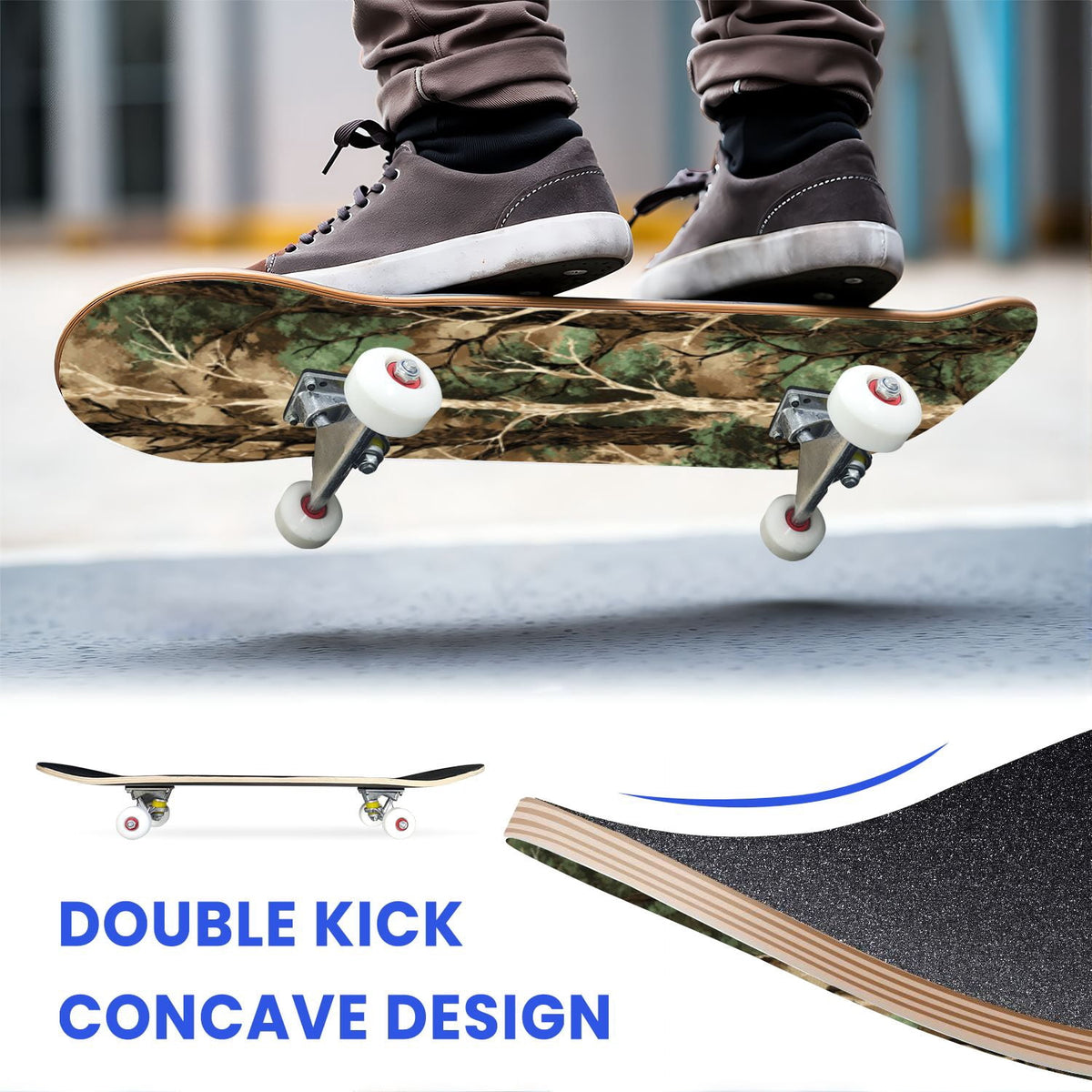 31"x8" Complete Skateboards for Beginners,Desert Camouflage Beige Tan Cream Organic Abstract Shapes Double Kick 7 Ply Canadian Maple Deck Skateboard with Wheels, Gifts for Kids Teens