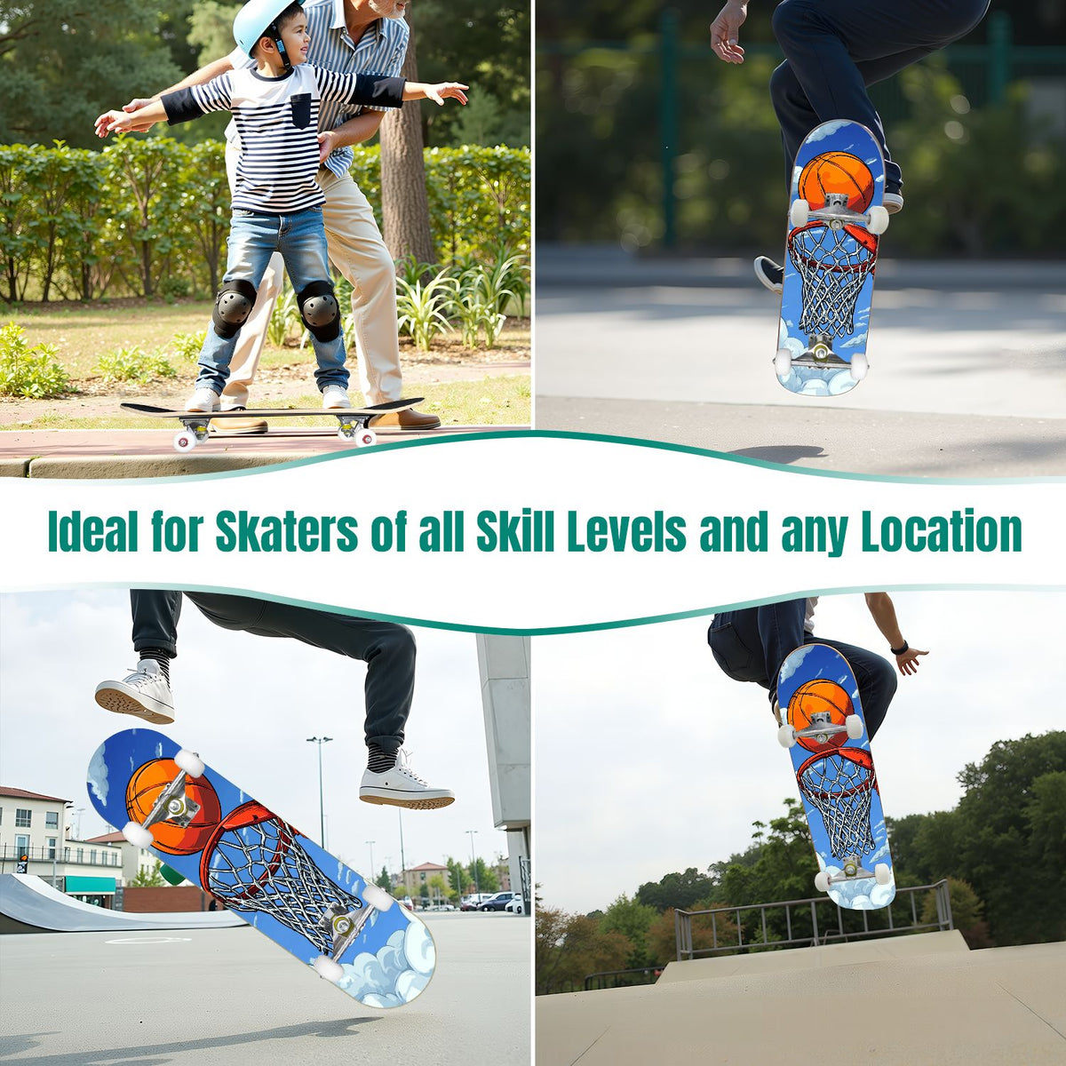 31"x8" Complete Skateboards for Beginners,Orange Basketball Hoop Blue Sky Clouds Double Kick 7 Ply Canadian Maple Deck Skateboard with Wheels, Gifts for Kids Teens