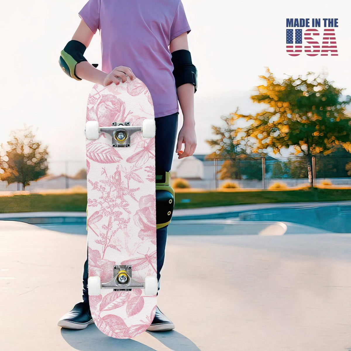 31"x8" Complete Skateboards for Beginners, Elegant Peony Floral Soft Pink White Tones Neutral Double Kick 7 Ply Canadian Maple Deck Skateboard with Wheels, Gifts for Kids Teens