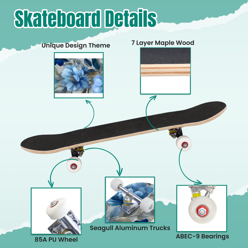 Watercolor Floral Shades Blue Grey Leaves 31" x 8" Complete Skateboard, 7-Ply Canadian Maple Double Kick Trick Board for Kids and Beginners Adult Gifts