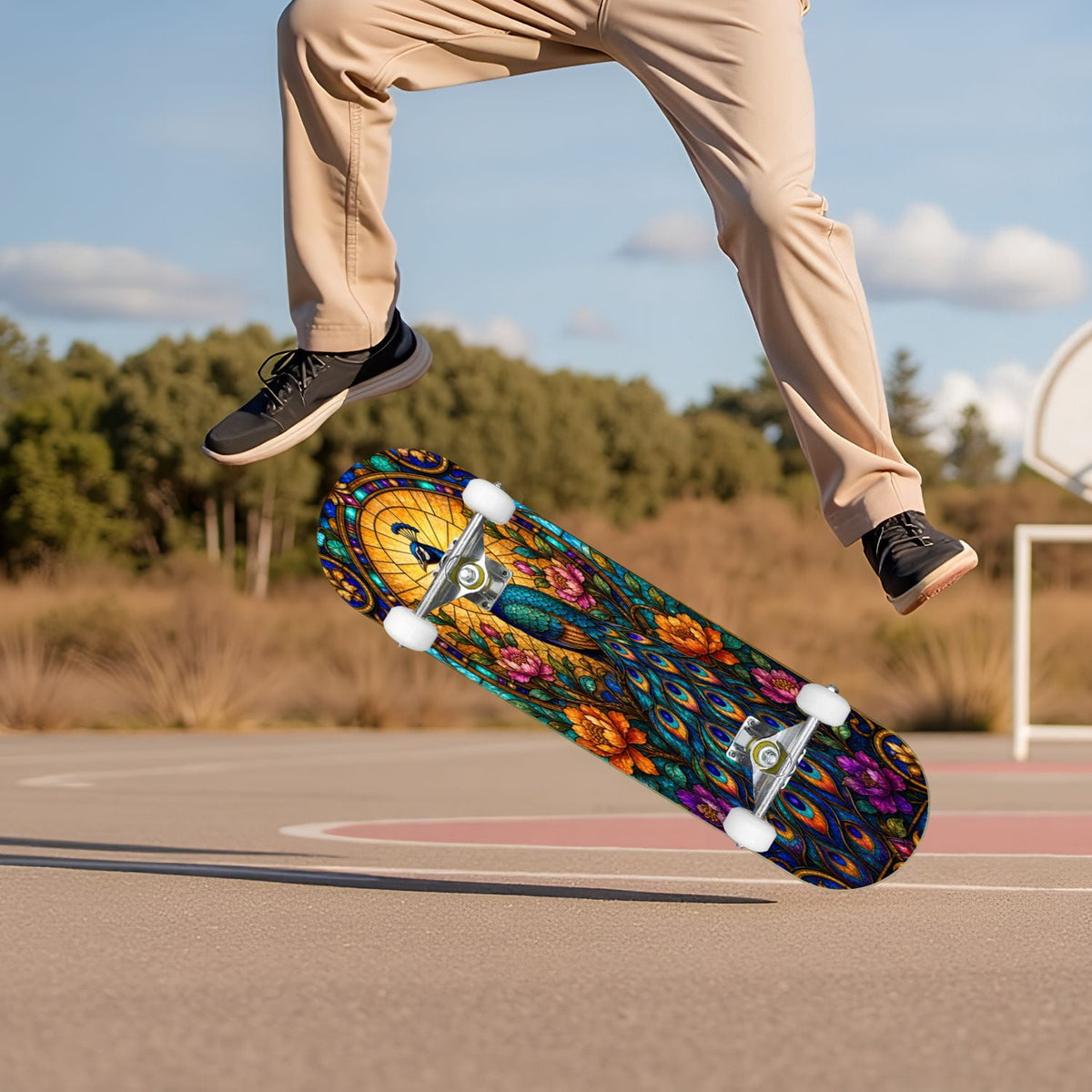 Abstract Geometric Curved Shapes Earthy Tones 31" x 8" Complete Skateboard, 7-Ply Canadian Maple Double Kick Trick Board for Kids and Beginners Adult Gifts