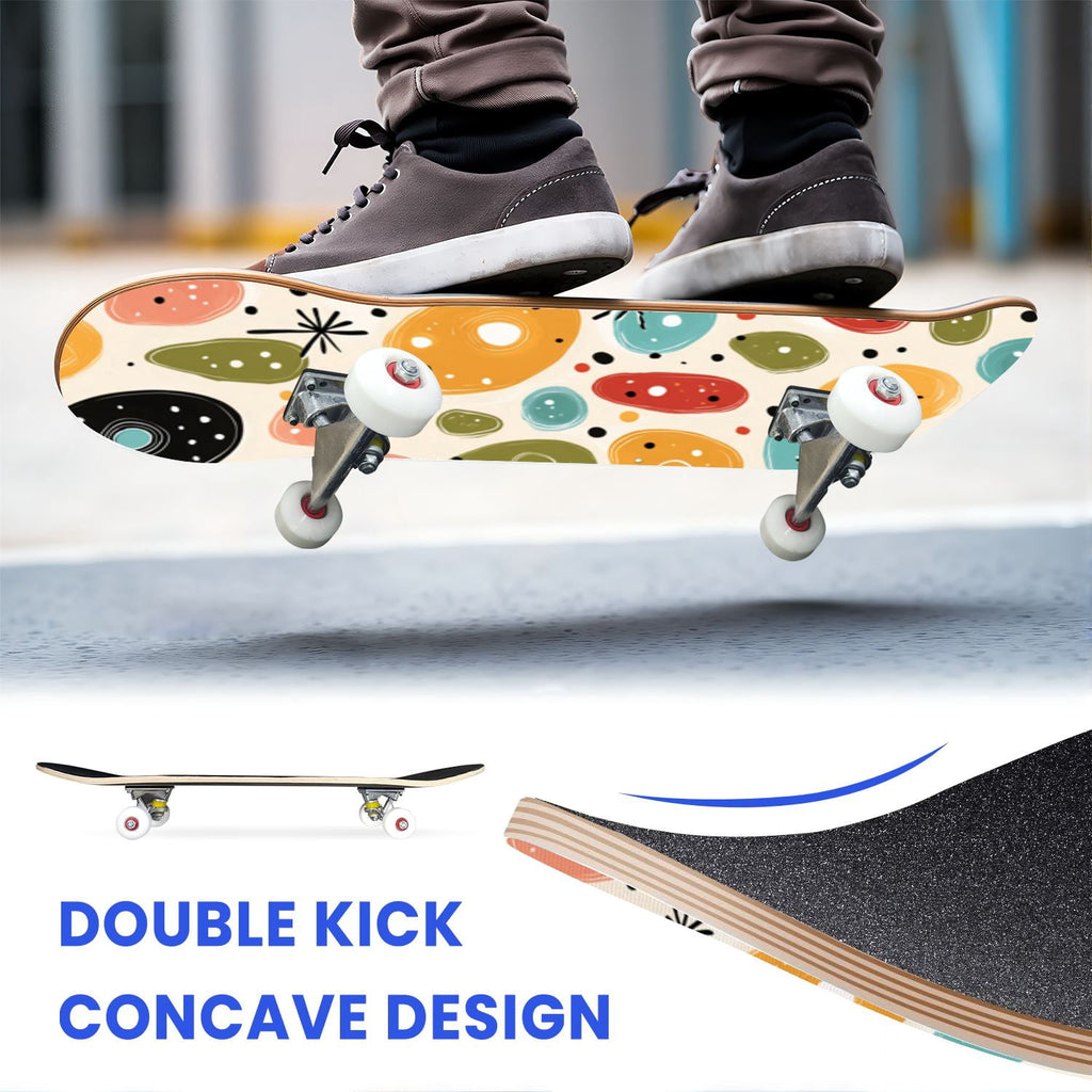 31"x8" Complete Skateboards for Beginners,Cartoon Hand Drawn Ice Cream Doodles Seamless Cones Cupcakes Double Kick 7 Ply Canadian Maple Deck Skateboard with Wheels, Gifts for Kids Teens