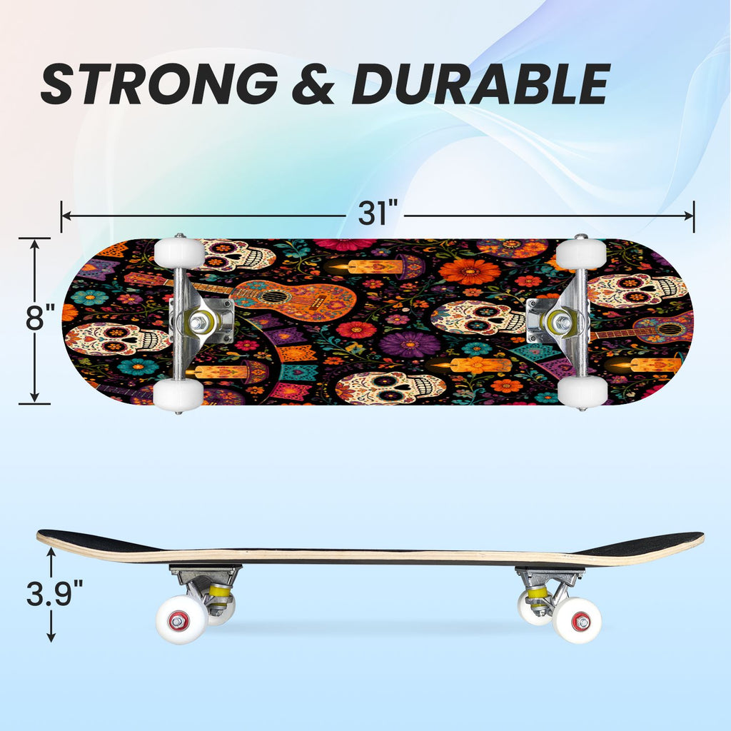 31"x8" Complete Skateboards for Beginners, Colorful Sugar Skulls Floral Patterns Mexican Double Kick 7 Ply Canadian Maple Deck Skateboard with Wheels, Gifts for Kids Teens