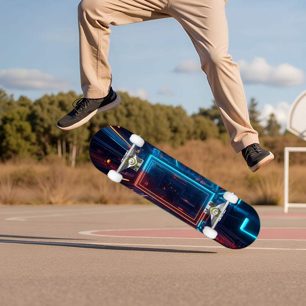 Futuristic Glowing Orange Neon Lines Dark Metallic Panels 31" x 8" Complete Skateboard, 7-Ply Canadian Maple Double Kick Trick Board for Kids and Beginners Adult Gifts