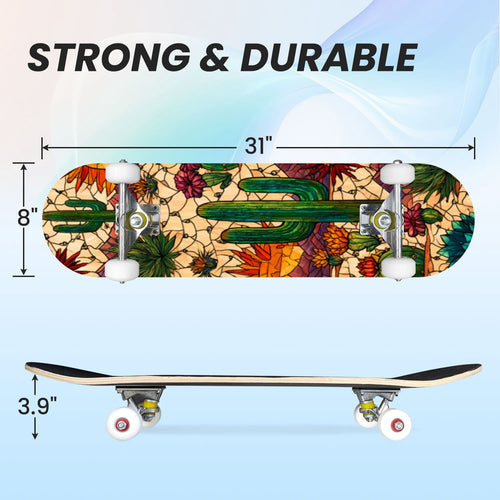 31"x8" Complete Skateboards for Beginners,Bold Stained Glass Western Double Kick 7 Ply Canadian Maple Deck Skateboard with Wheels, Gifts for Kids Teens