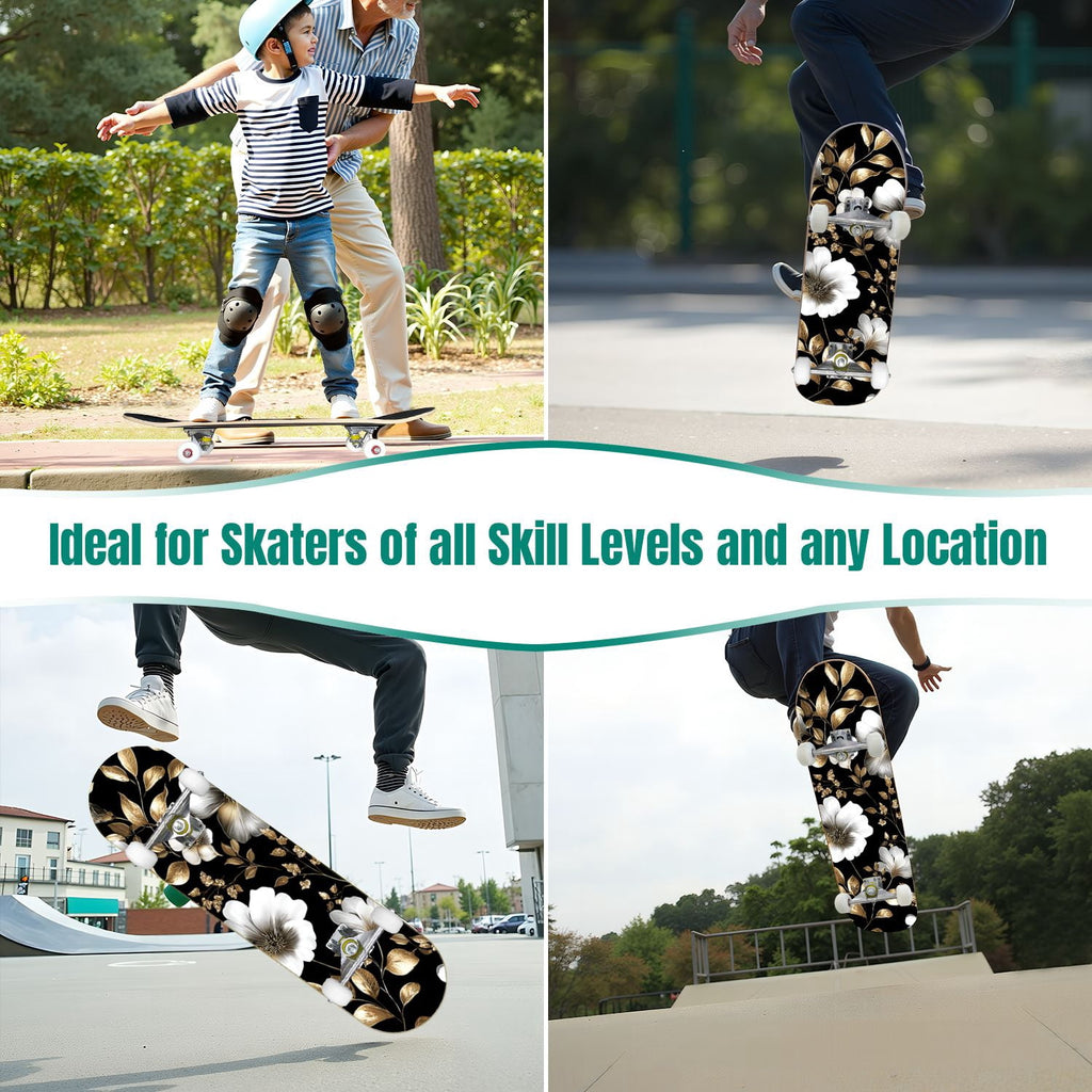 Dark Floral Wildflower Pink Yellow Blue Blooms 31" x 8" Complete Skateboard, 7-Ply Canadian Maple Double Kick Trick Board for Kids and Beginners Adult Gifts