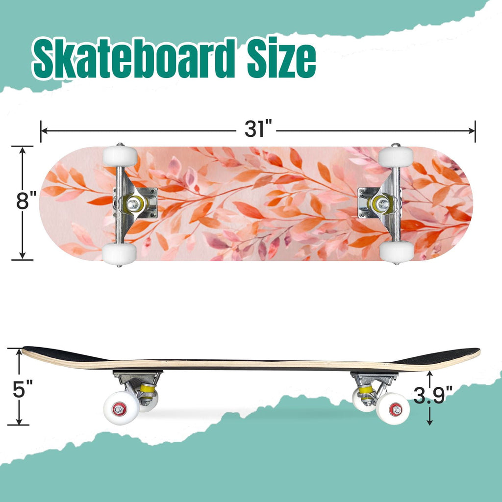 Autumn Forest Camouflage Oak Leaves Tree Branches 31" x 8" Complete Skateboard, 7-Ply Canadian Maple Double Kick Trick Board for Kids and Beginners Adult Gifts