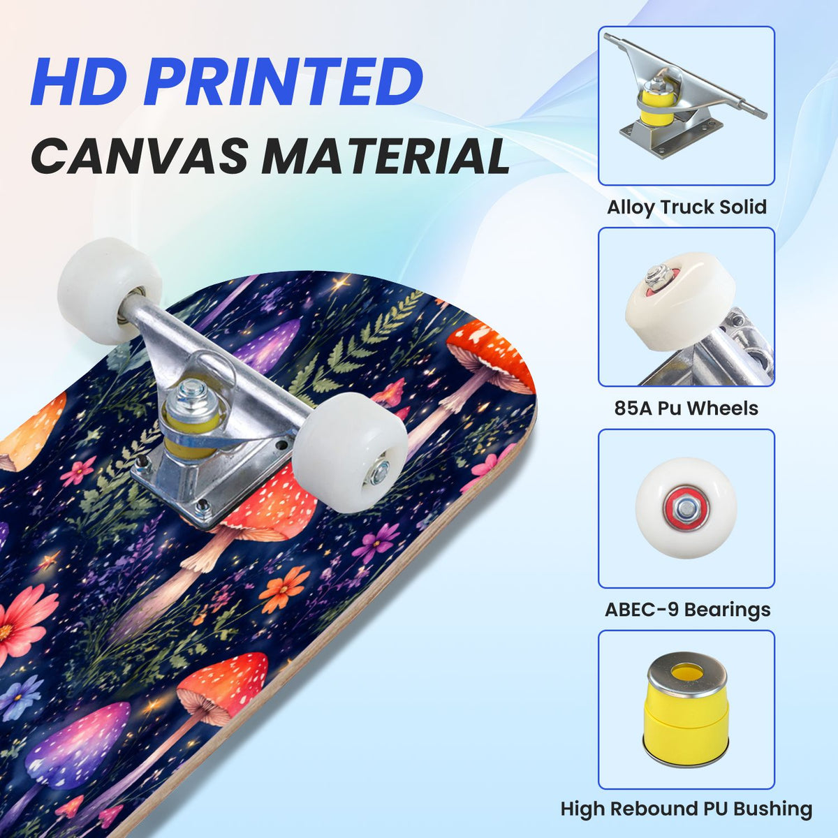 31"x8" Complete Skateboards for Beginners, Colorful Mushroom Floral Magical Night Forest Vintage Double Kick 7 Ply Canadian Maple Deck Skateboard with Wheels, Gifts for Kids Teens