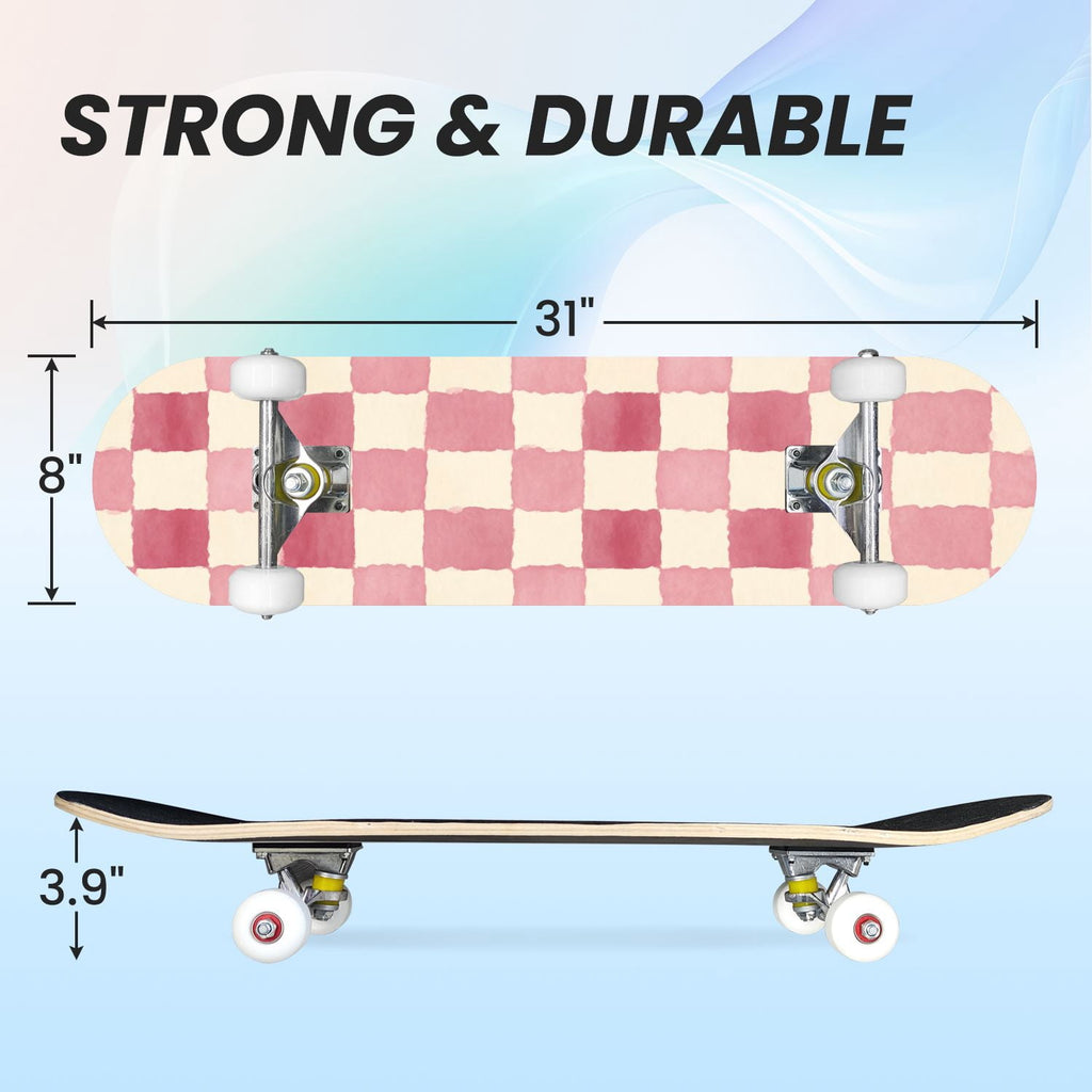 31"x8" Complete Skateboards for Beginners,Green White Plaid Checkered Watercolor Double Kick 7 Ply Canadian Maple Deck Skateboard with Wheels, Gifts for Kids Teens