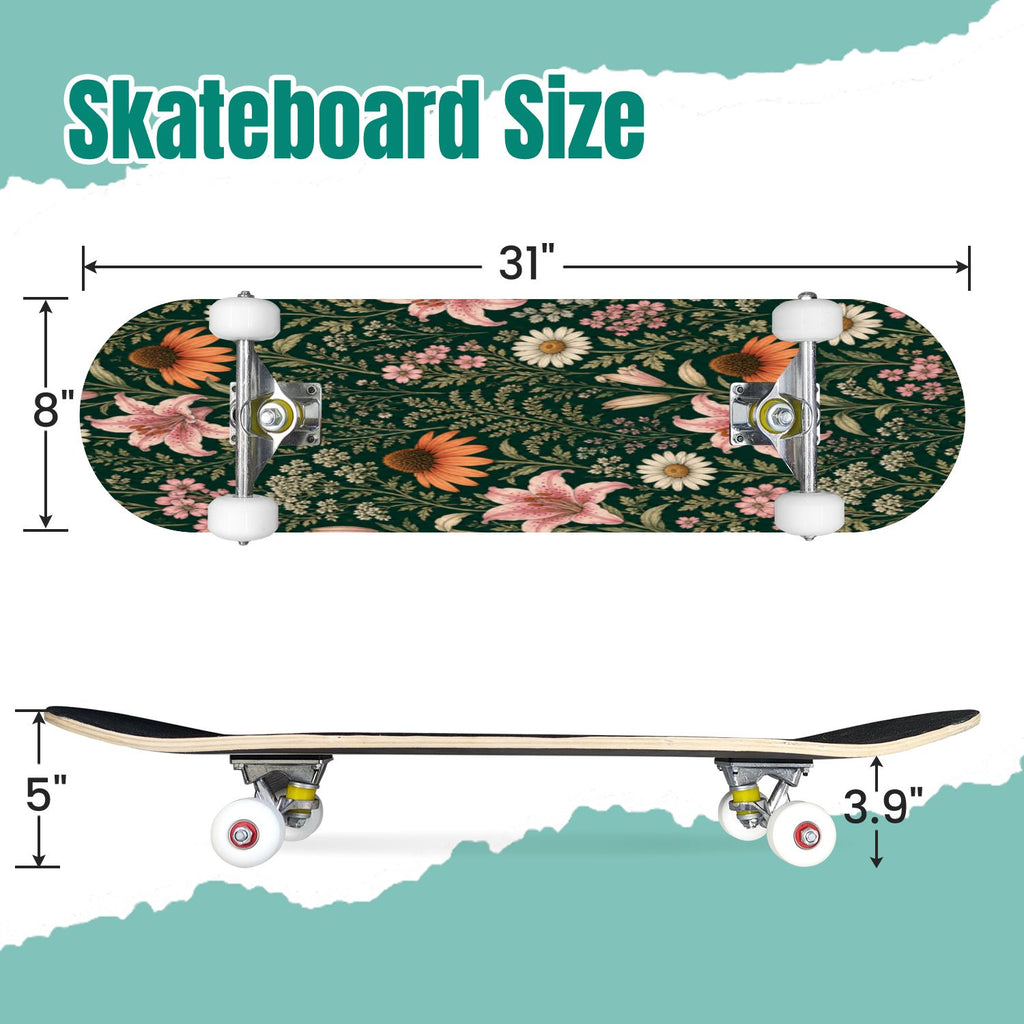 Forest Tree Wood Green Pine Trees Autumn Leaves Fog Misty 31" x 8" Complete Skateboard, 7-Ply Canadian Maple Double Kick Trick Board for Kids and Beginners Adult Gifts