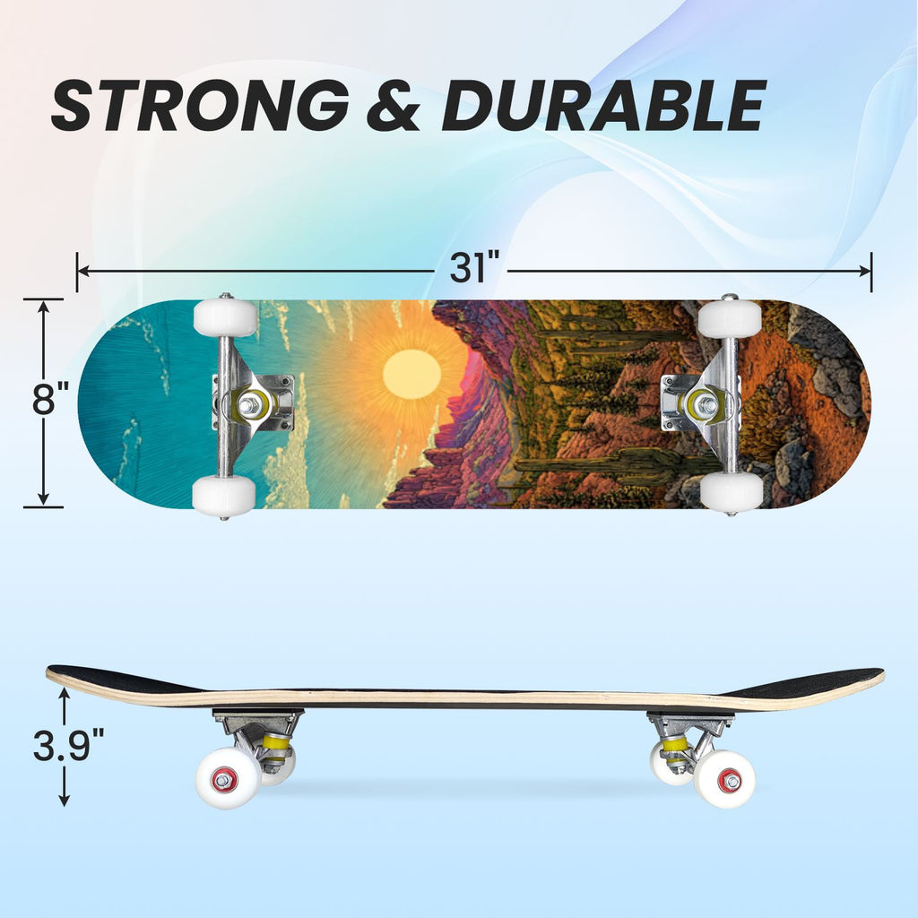31"x8" Complete Skateboards for Beginners, Blue Deep Sea Sailing Ship Octopus Lighthouse Clouds Ocean Double Kick 7 Ply Canadian Maple Deck Skateboard with Wheels, Gifts for Kids Teens