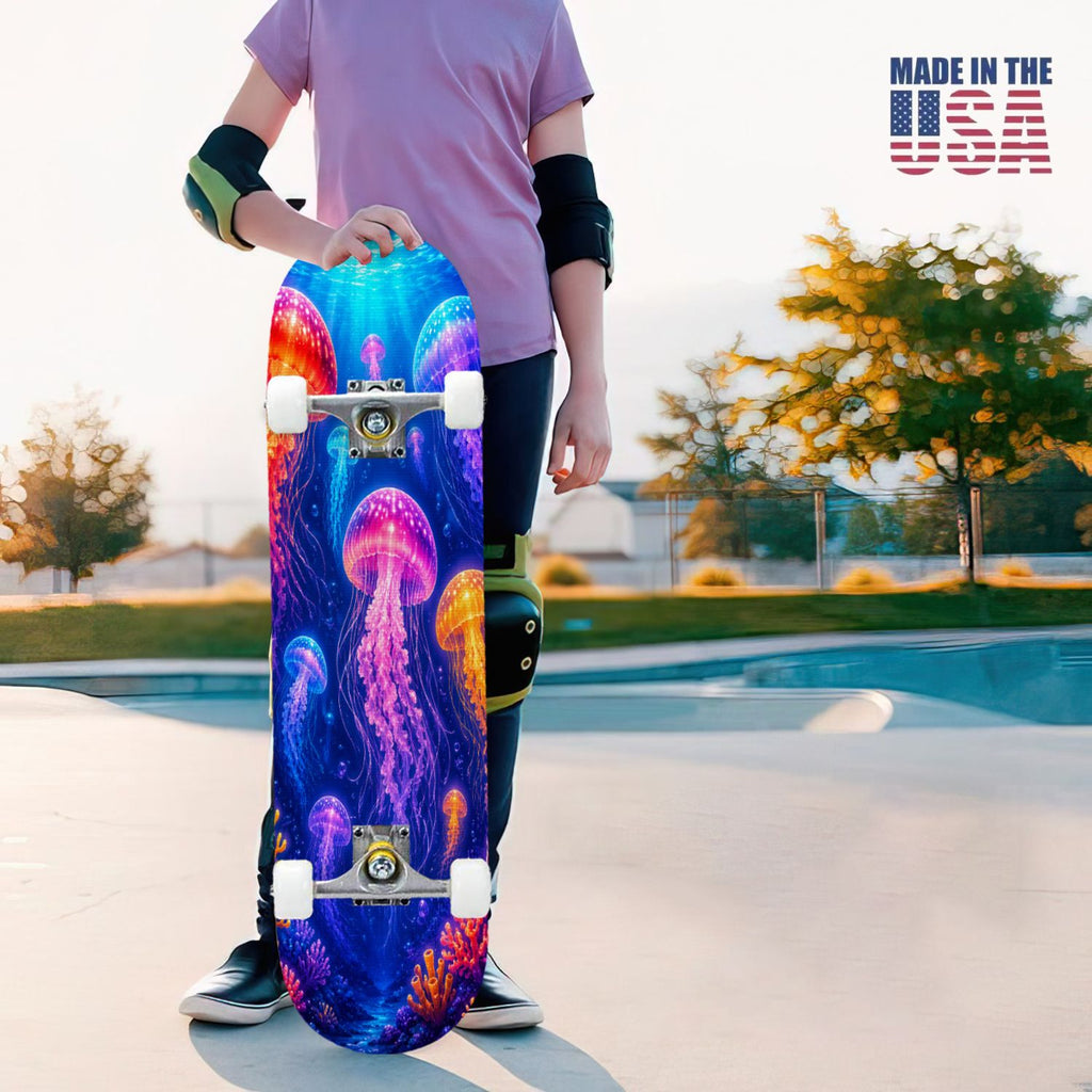 31"x8" Complete Skateboards for Beginners, Colorful Underwater Two Seahorses Coral Reefs Double Kick 7 Ply Canadian Maple Deck Skateboard with Wheels, Gifts for Kids Teens