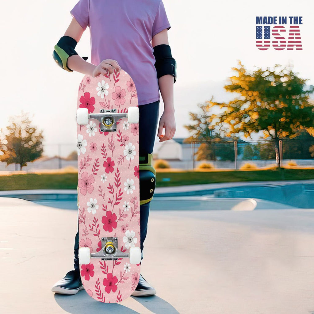 31"x8" Complete Skateboards for Beginners, Pink Floral Striped Delicate Leaves Flowers Botanical Double Kick 7 Ply Canadian Maple Deck Skateboard with Wheels, Gifts for Girls Teens