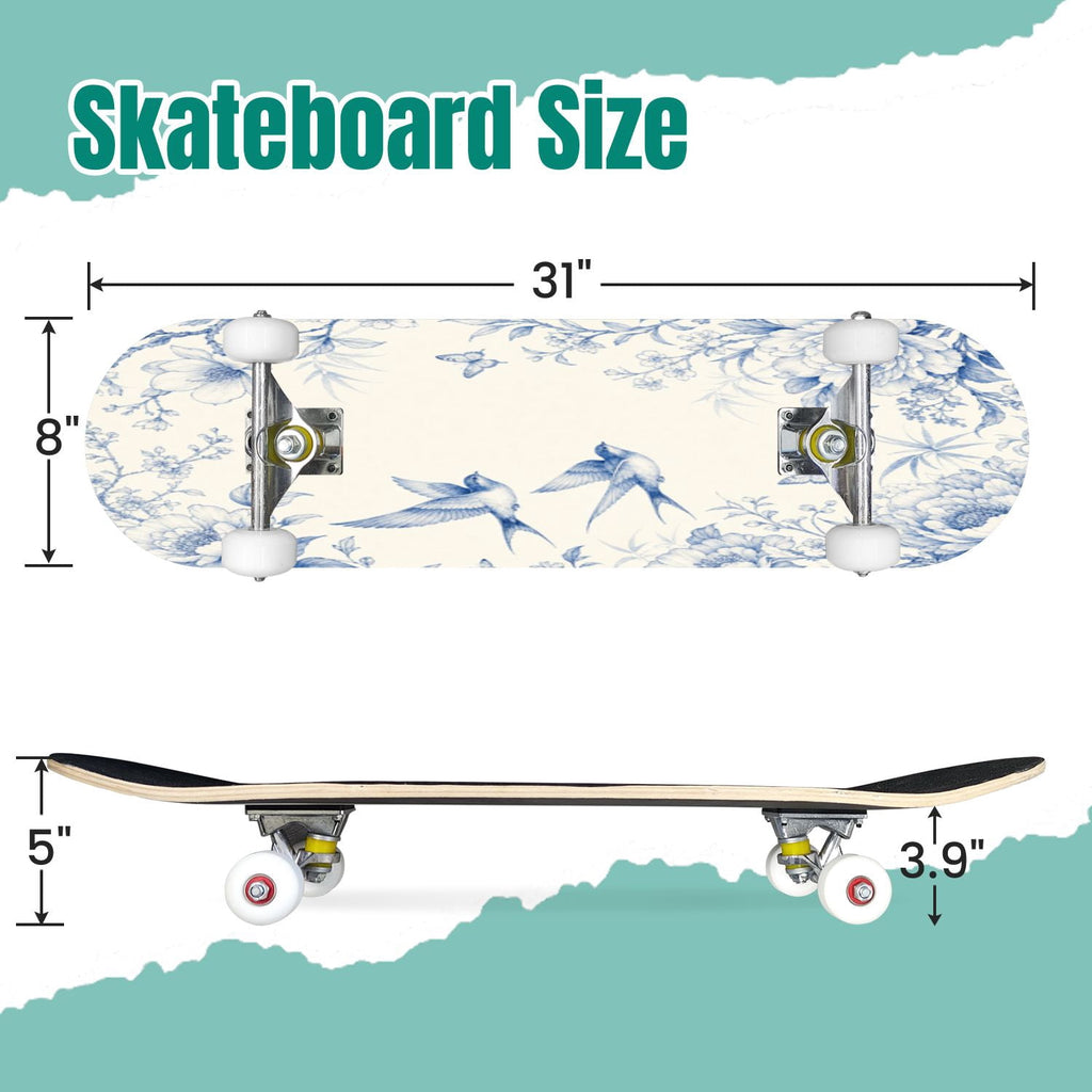 Modern Botanical Watercolor Pink Gold Mint Navy Leaves 31" x 8" Complete Skateboard, 7-Ply Canadian Maple Double Kick Trick Board for Kids and Beginners Adult Gifts