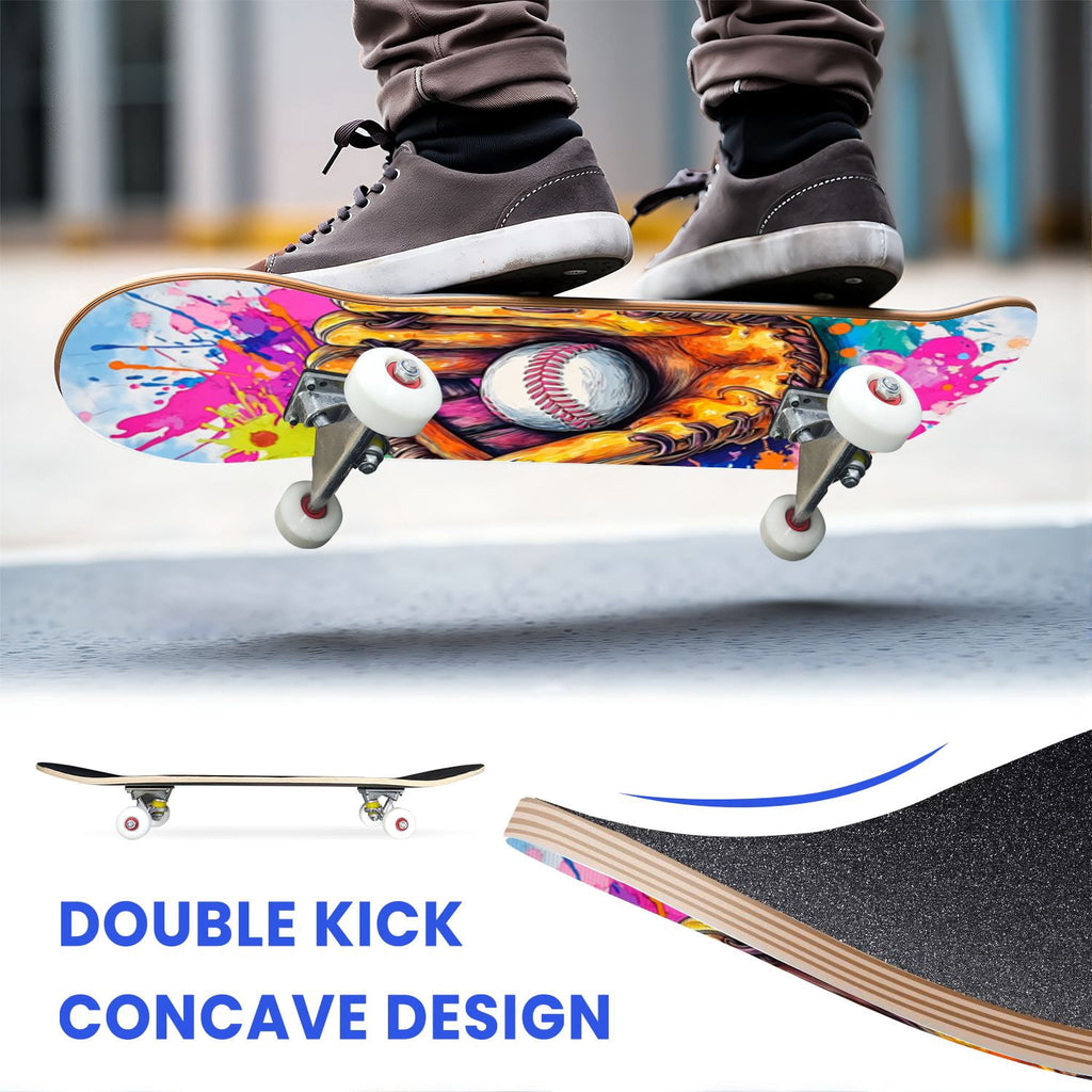 31"x8" Complete Skateboards for Beginners,Vintage Baseball Worn Red Stitches Rustic Double Kick 7 Ply Canadian Maple Deck Skateboard with Wheels, Sports Gifts for Kids Teens