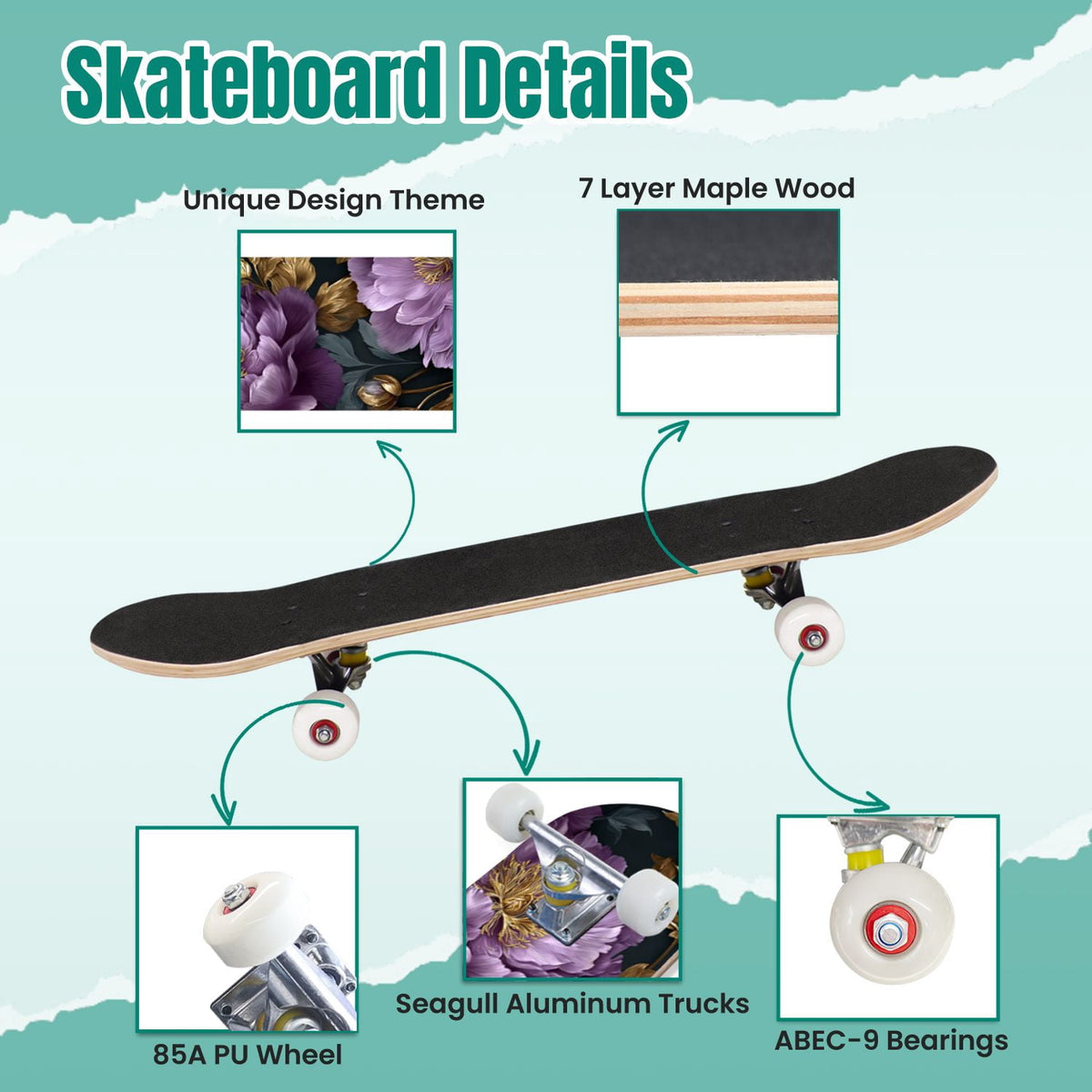 Elegant Cream Peach Peony Floral Green 31" x 8" Complete Skateboard, 7-Ply Canadian Maple Double Kick Trick Board for Kids and Beginners Adult Gifts