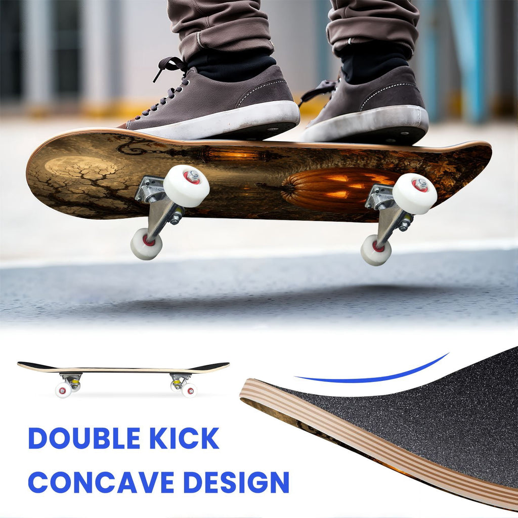 31"x8" Complete Skateboards for Beginners,Halloween Black Cats Pumpkins Ghosts Bats Beige Double Kick 7 Ply Canadian Maple Deck Skateboard with Wheels, Gifts for Kids Teens