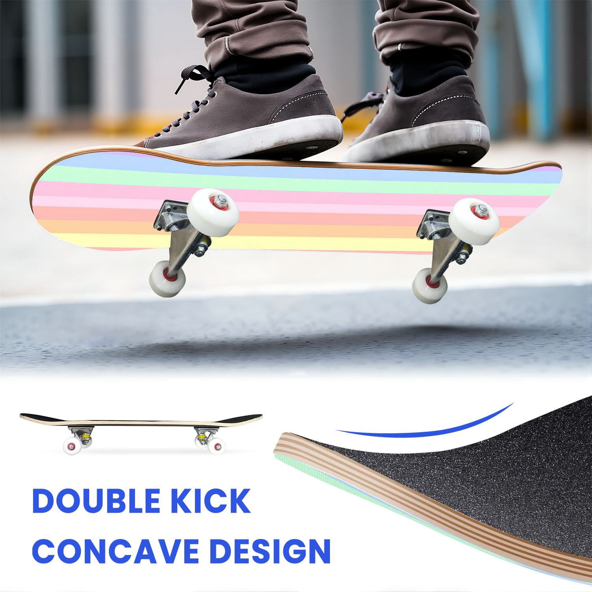31"x8" Complete Skateboards for Beginners,Watercolor Watermelon Slices Pink Striped Double Kick 7 Ply Canadian Maple Deck Skateboard with Wheels, Gifts for Kids Teens