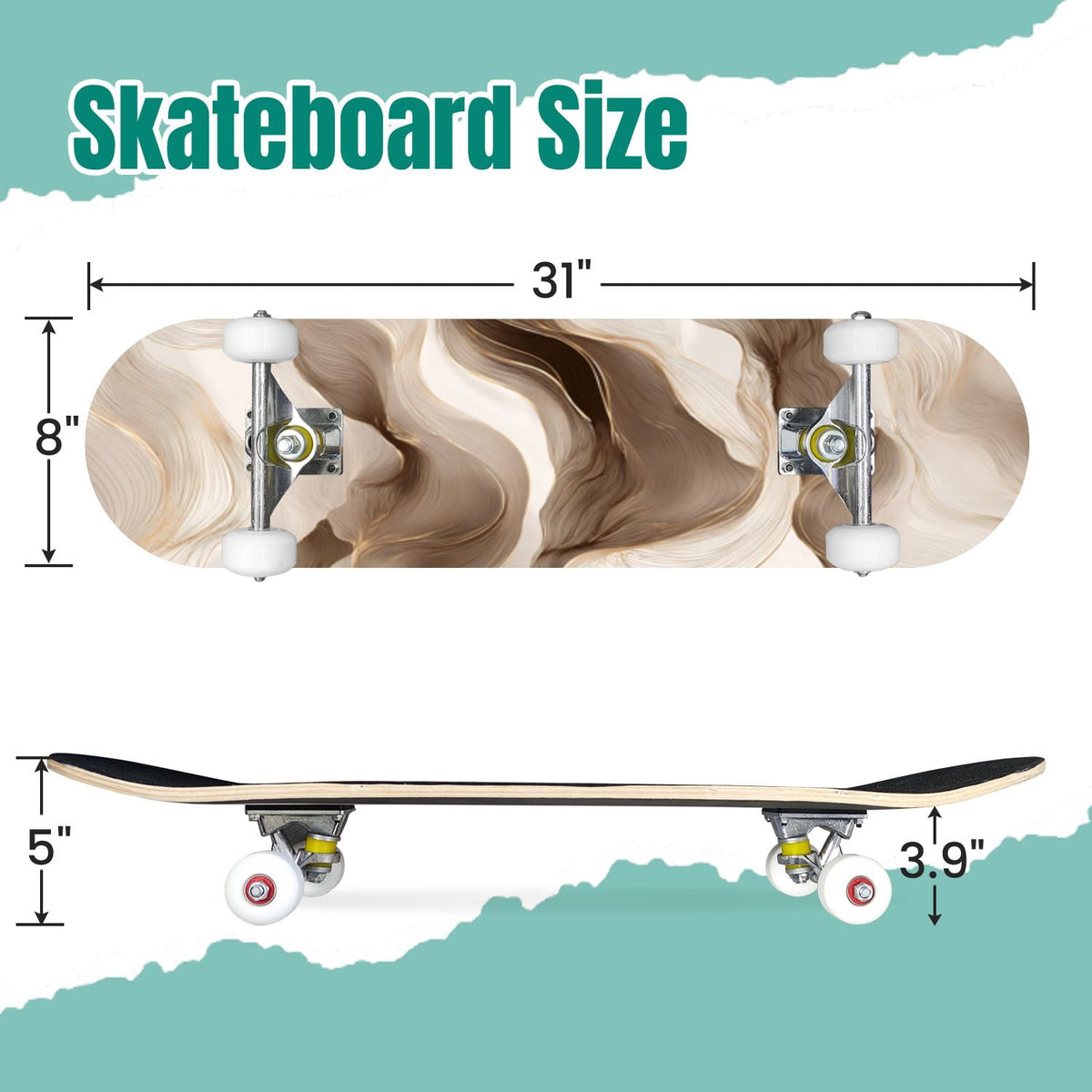 Vintage Movie Theater Classic Cinema 31" x 8" Complete Skateboard, 7-Ply Canadian Maple Double Kick Trick Board for Kids and Beginners Adult Gifts