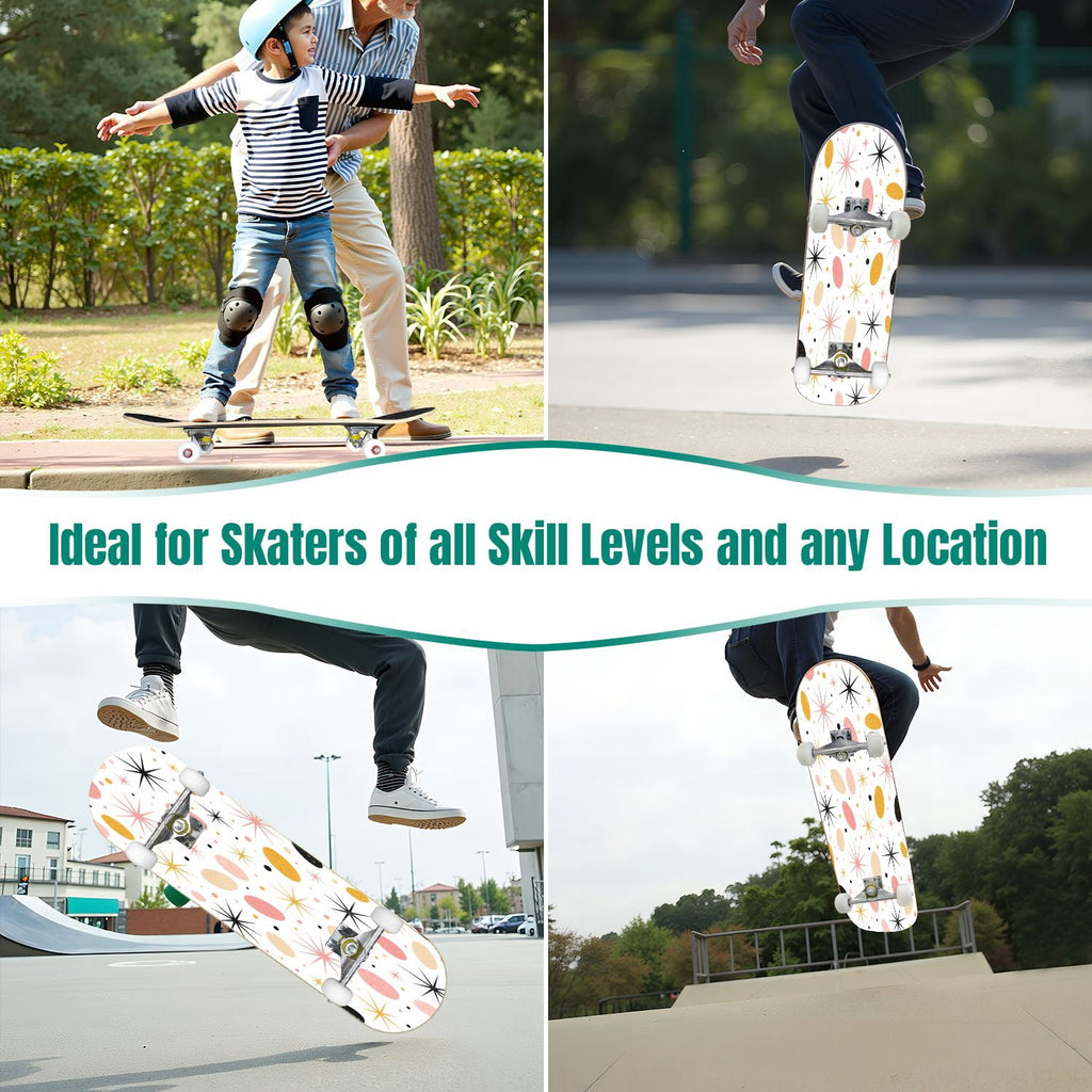 Abstract Geometric Curved Shapes Earthy Tones 31" x 8" Complete Skateboard, 7-Ply Canadian Maple Double Kick Trick Board for Kids and Beginners Adult Gifts