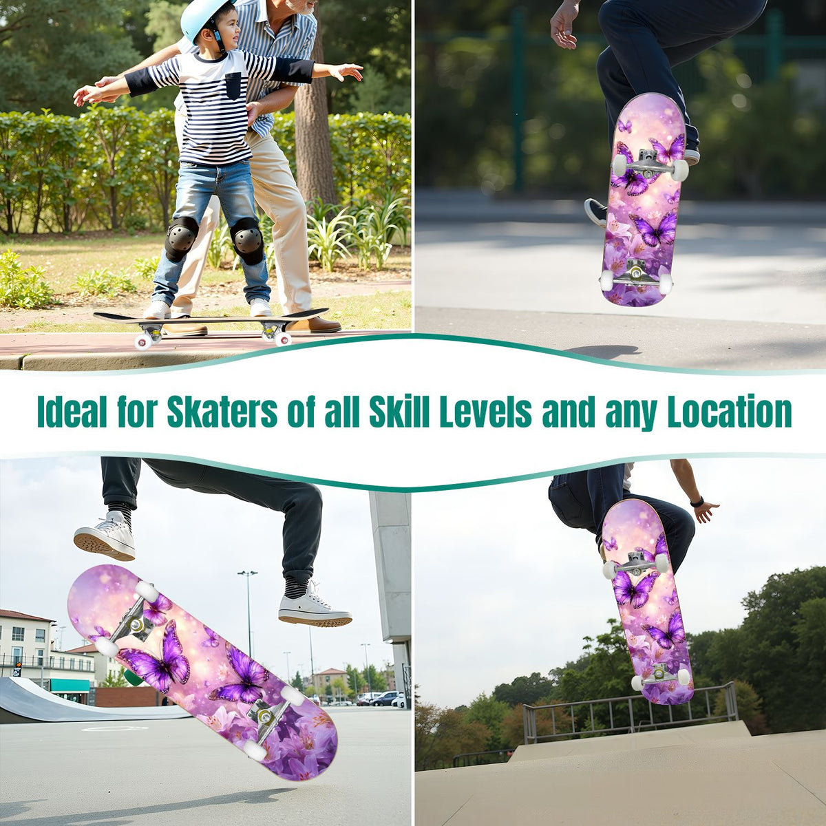 31"x8" Complete Skateboards for Beginners, Blue Deep Sea Sailing Ship Octopus Lighthouse Clouds Ocean Double Kick 7 Ply Canadian Maple Deck Skateboard with Wheels, Gifts for Kids Teens