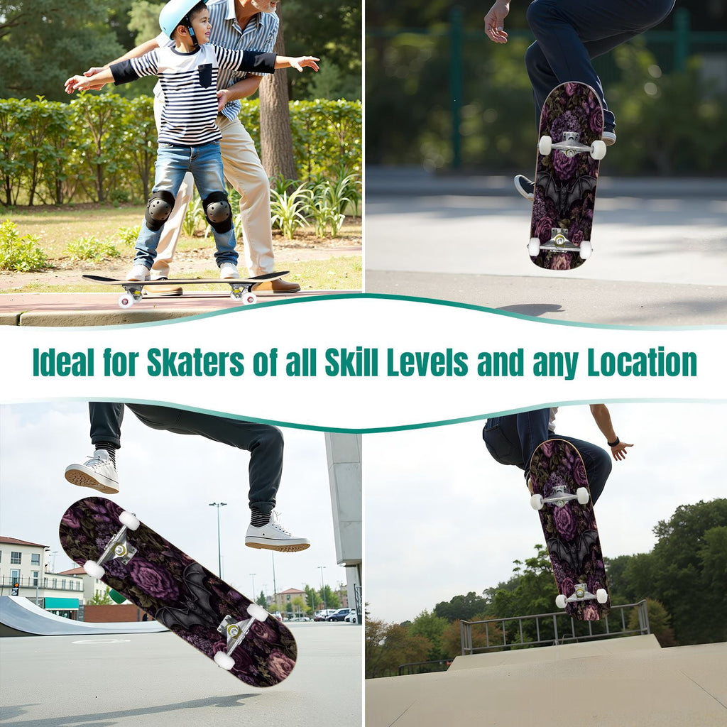 31"x8" Complete Skateboards for Beginners, Ethereal Night Garden Roses Starry Sky Dark Academia Double Kick 7 Ply Canadian Maple Deck Skateboard with Wheels, Gifts for Kids Teens
