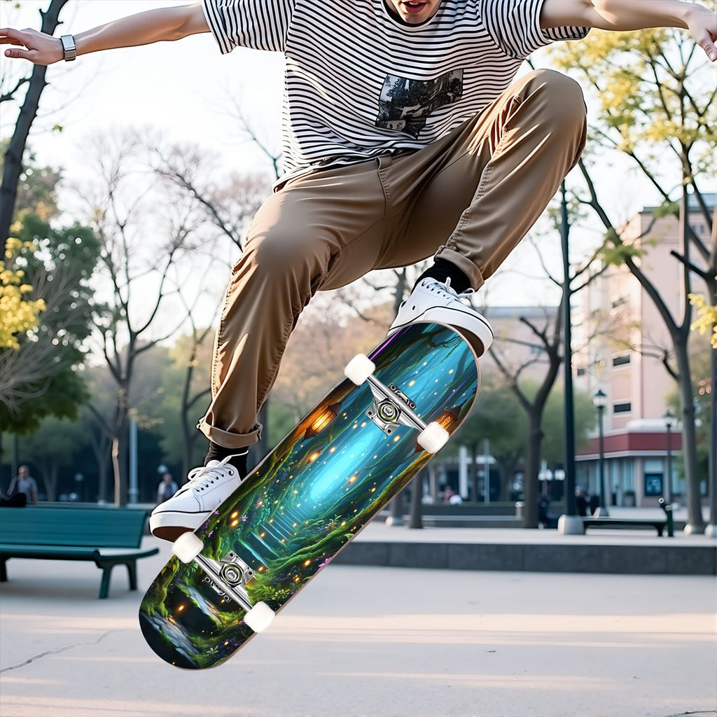 31"x8" Complete Skateboards for Beginners, Magical Forest Glowing Mushrooms Twinkling Fantasy Double Kick 7 Ply Canadian Maple Deck Skateboard with Wheels, Gifts for Kids Teens