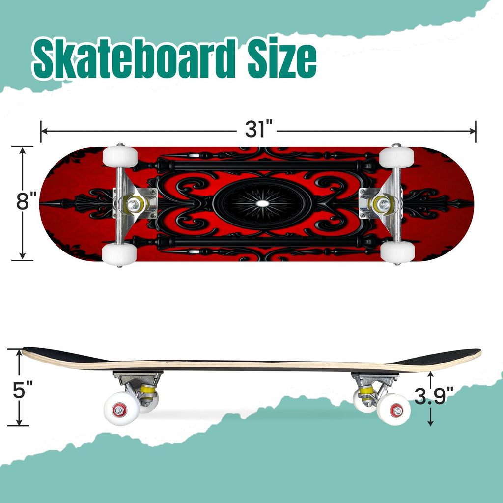 Red Mystic Circle Eyes Occult Symbols Dark Abstract Art 31" x 8" Complete Skateboard, 7-Ply Canadian Maple Double Kick Trick Board for Kids and Beginners Adult Gifts
