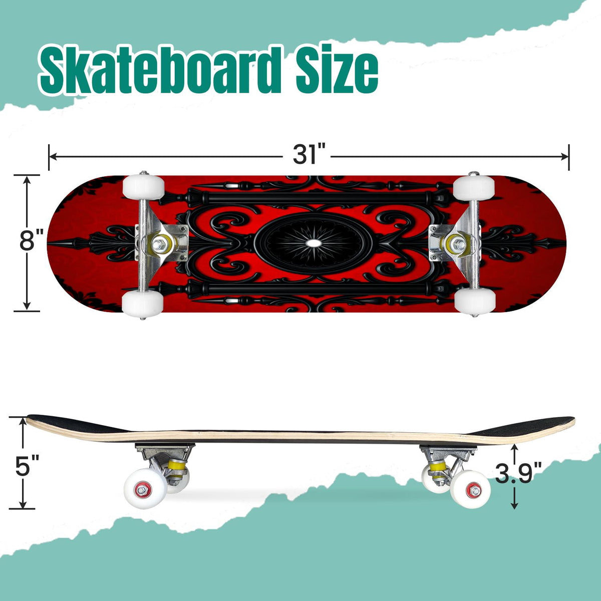 Red Mystic Circle Eyes Occult Symbols Dark Abstract Art 31" x 8" Complete Skateboard, 7-Ply Canadian Maple Double Kick Trick Board for Kids and Beginners Adult Gifts