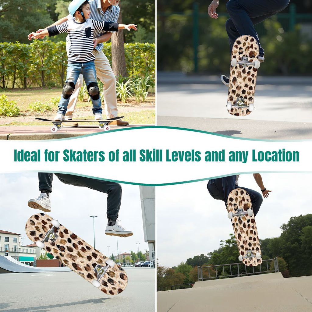 31"x8" Complete Skateboards for Beginners,Leopard Print Black Brown Beige Double Kick 7 Ply Canadian Maple Deck Skateboard with Wheels, Gifts for Kids Teens