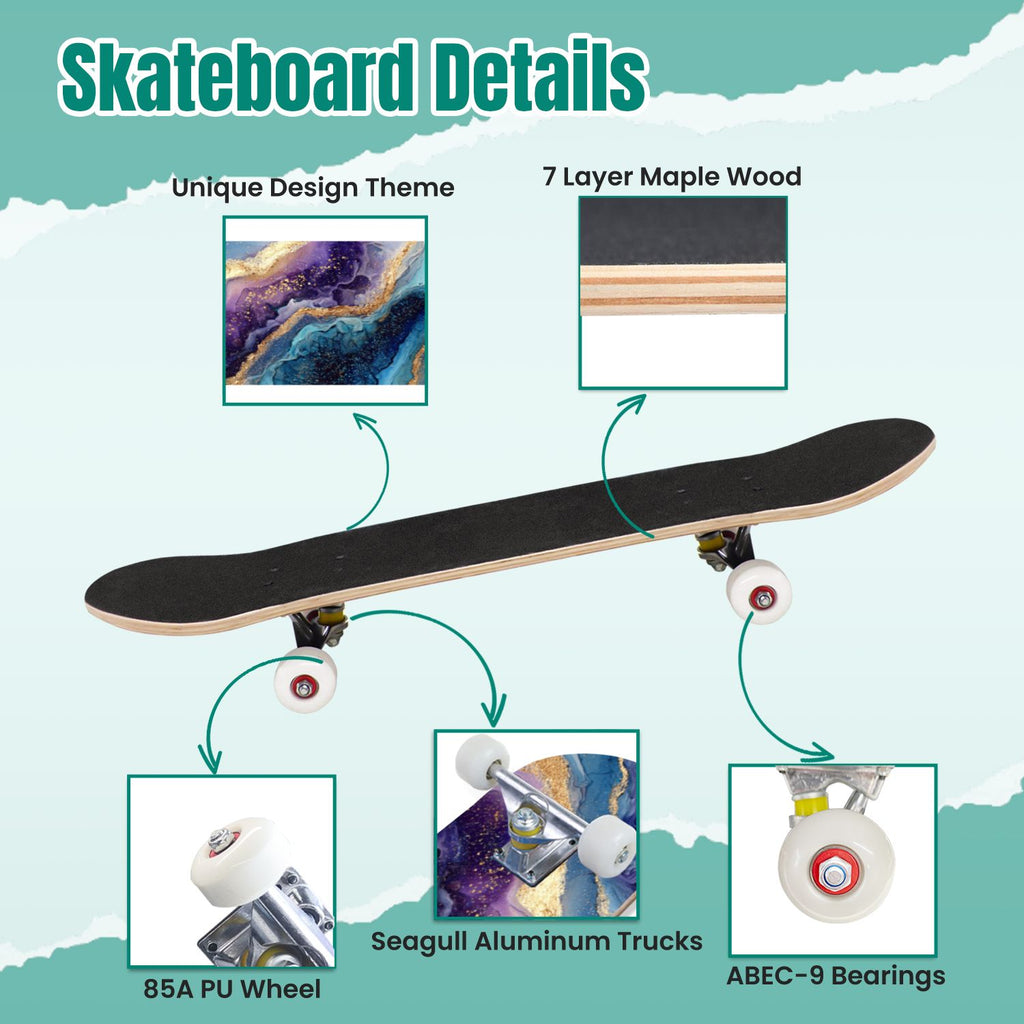 Golden Floral Line Art Seamless 31" x 8" Complete Skateboard, 7-Ply Canadian Maple Double Kick Trick Board for Kids and Beginners Adult Gifts