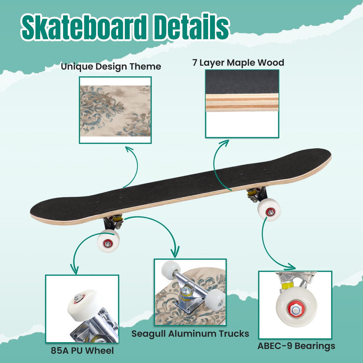 Monstera Leaves Leopard Print Seamless Earth Tones 31" x 8" Complete Skateboard, 7-Ply Canadian Maple Double Kick Trick Board for Kids and Beginners Adult Gifts