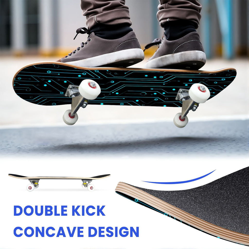 31"x8" Complete Skateboards for Beginners,Hexagon neon blue glow futuristic Double Kick 7 Ply Canadian Maple Deck Skateboard with Wheels, Gifts for Kids Teens