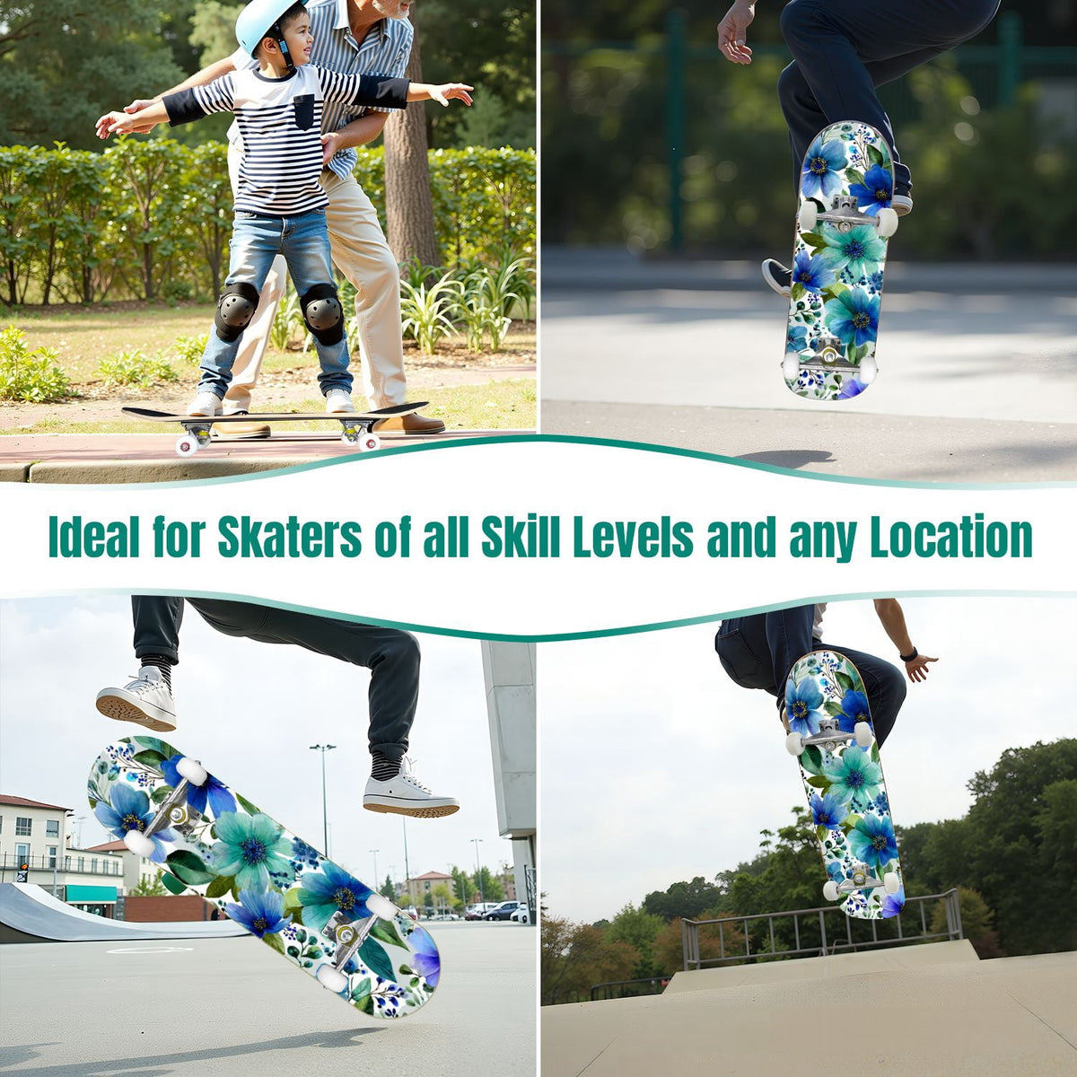 Watercolor Botanical Blue Green Leaves Flowers 31" x 8" Complete Skateboard, 7-Ply Canadian Maple Double Kick Trick Board for Kids and Beginners Adult Gifts