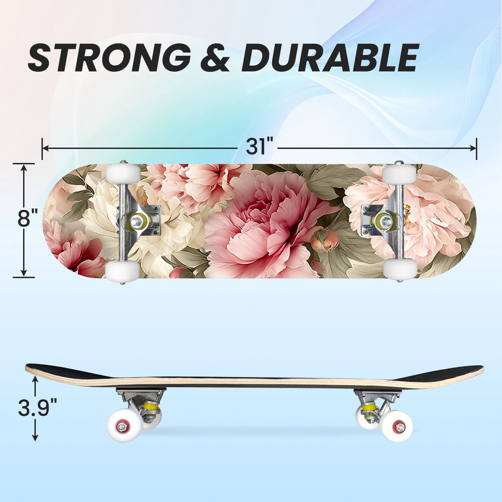 31"x8" Complete Skateboards for Beginners, Elegant Peony Floral Soft Pink White Tones Neutral Double Kick 7 Ply Canadian Maple Deck Skateboard with Wheels, Gifts for Kids Teens