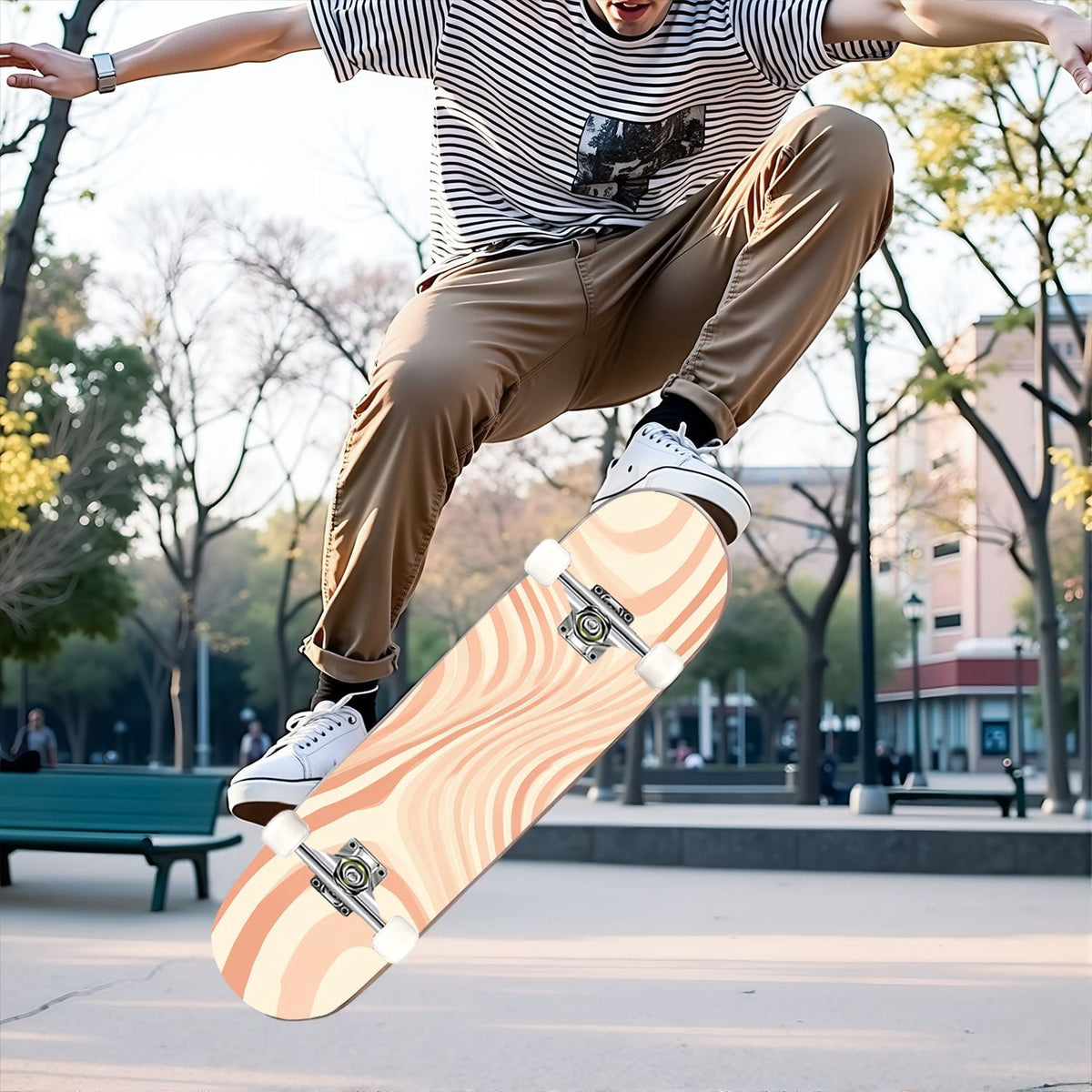 31"x8" Complete Skateboards for Beginners, Abstract Pastel Swirl Soft Earthy Tones Double Kick 7 Ply Canadian Maple Deck Skateboard with Wheels, Gifts for Kids Teens