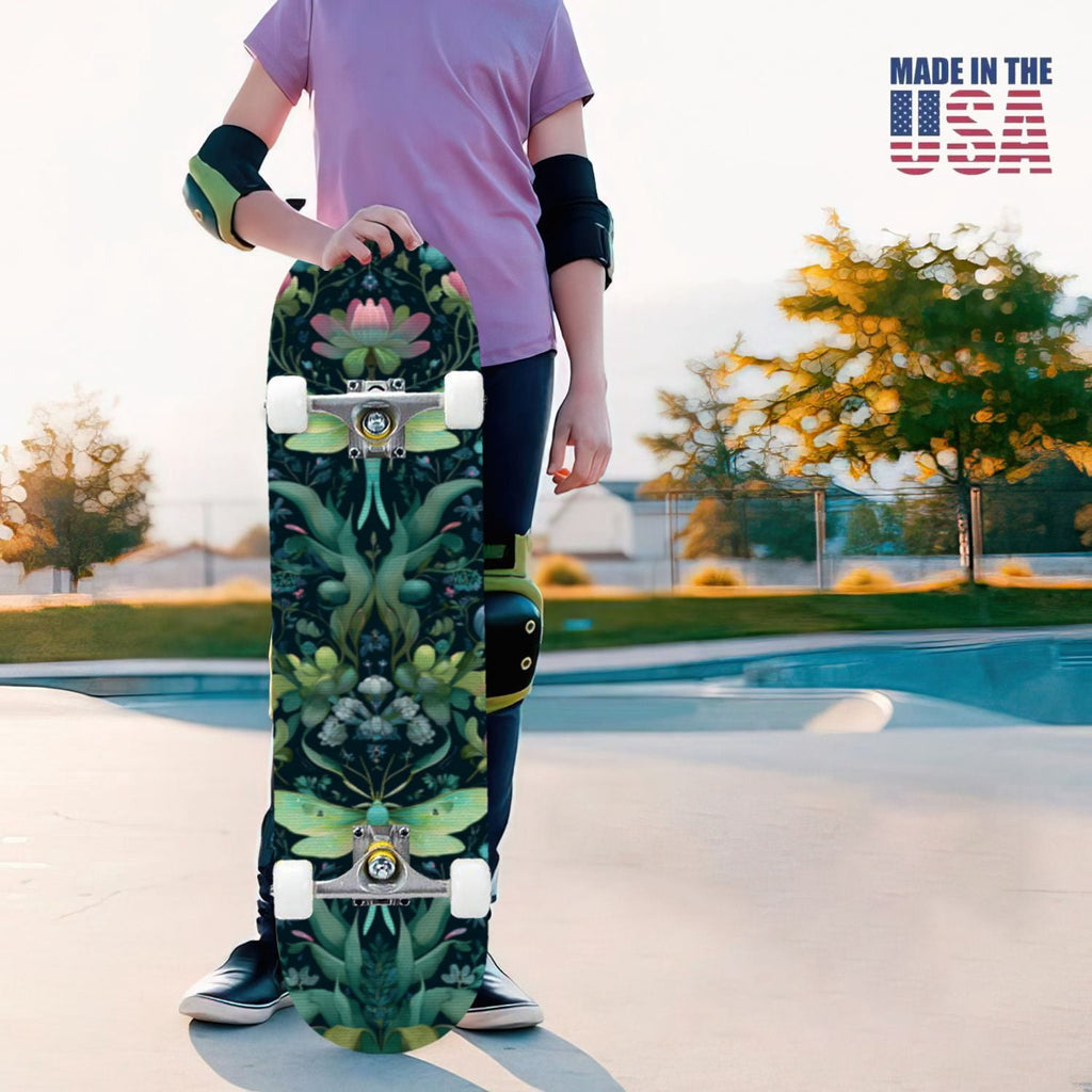 31"x8" Complete Skateboards for Beginners,Whimsical Moths Flowers Pastel Colors Stars Moon Mystical Double Kick 7 Ply Canadian Maple Deck Skateboard with Wheels, Gifts for Kids Teens