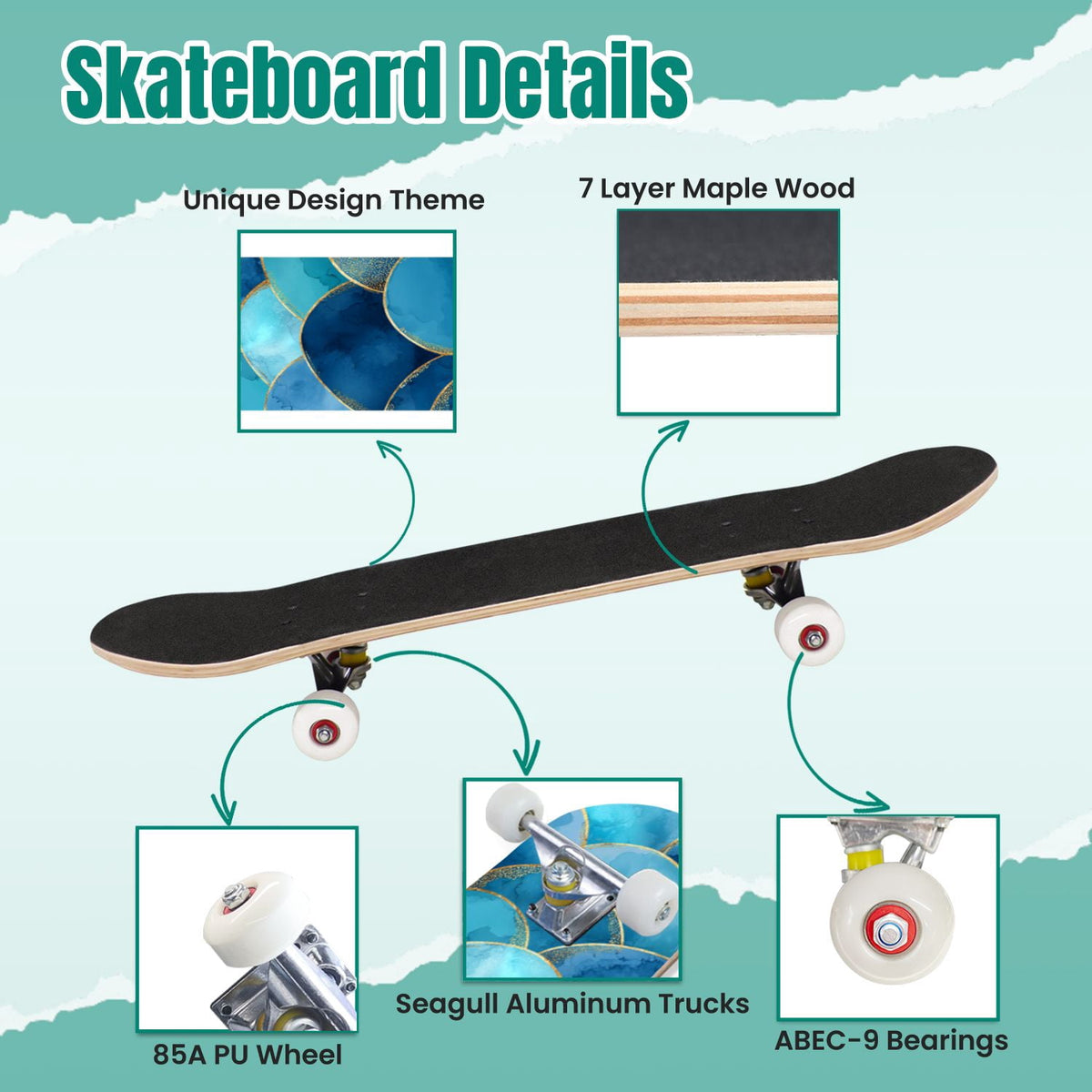 Vibrant Floral Bouquet Pink Roses Bright Colors Teal 31" x 8" Complete Skateboard, 7-Ply Canadian Maple Double Kick Trick Board for Kids and Beginners Adult Gifts