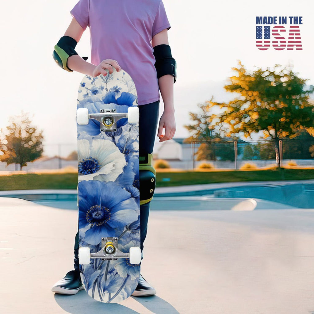 31"x8" Complete Skateboards for Beginners, Turquoise Flowers Teal Daisy Flower Butterfly Blue Romantic Double Kick 7 Ply Canadian Maple Deck Skateboard with Wheels, Gifts for Kids Teens
