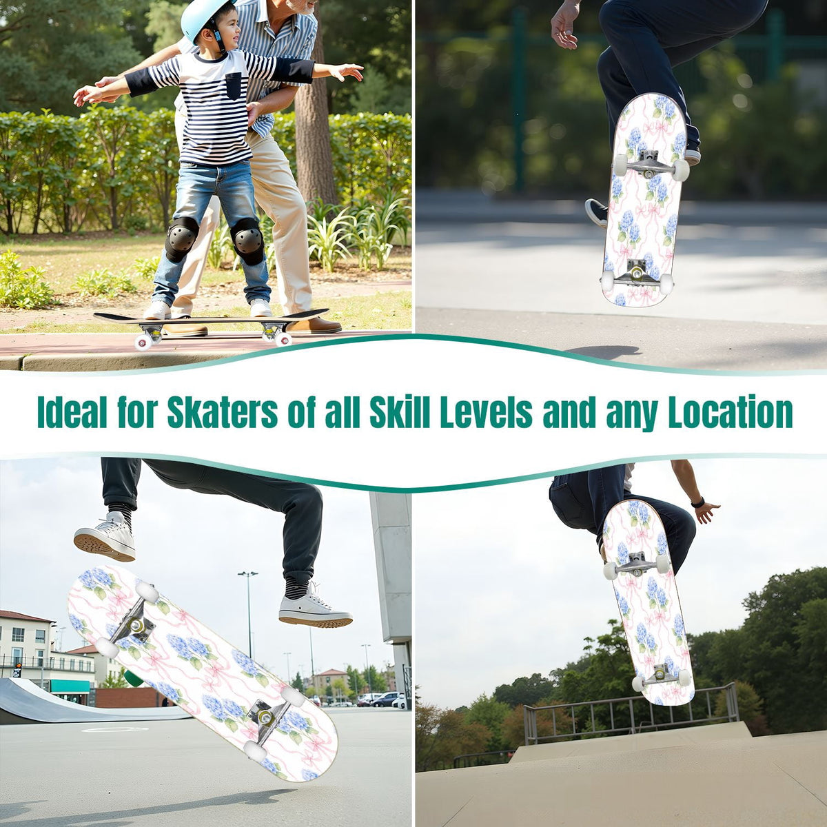 31"x8" Complete Skateboards for Beginners,Elegant White Blue Flowers Soft Petals Dreamy Artistic Double Kick 7 Ply Canadian Maple Deck Skateboard with Wheels, Gifts for Kids Teens