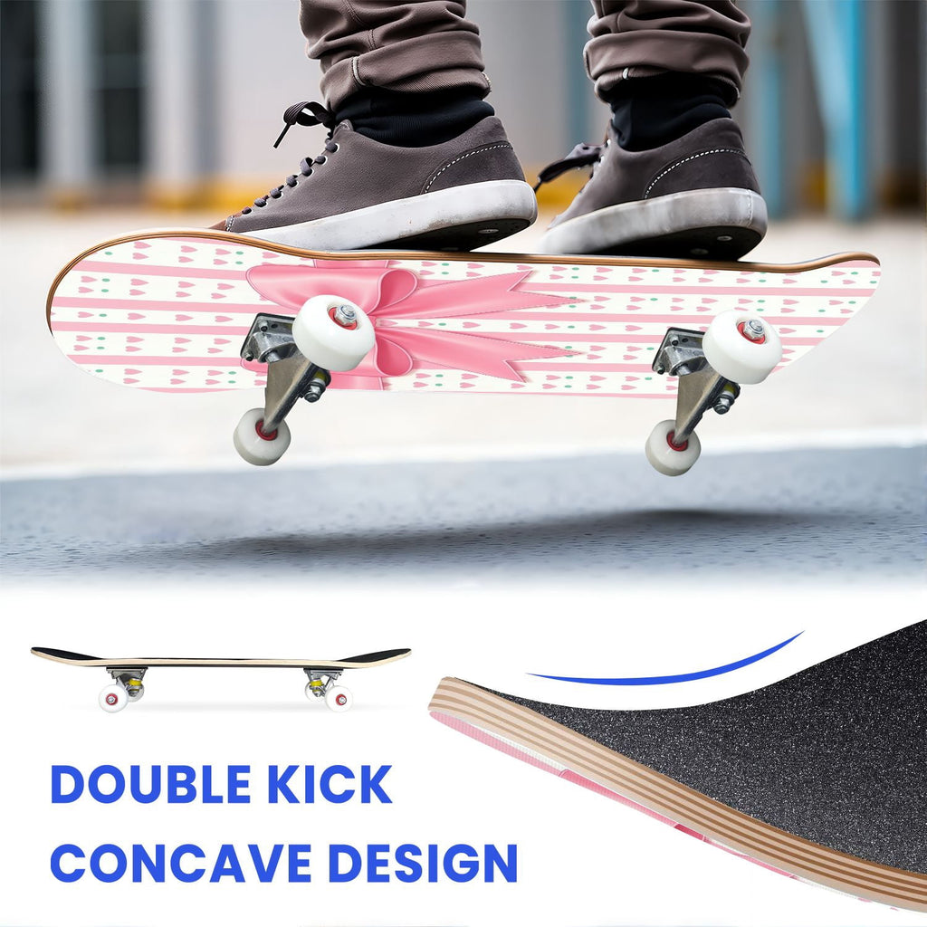 31"x8" Complete Skateboards for Beginners, Pink Bow Heart Vertical Stripes Romantic Double Kick 7 Ply Canadian Maple Deck Skateboard with Wheels, Gifts for Kids Teens