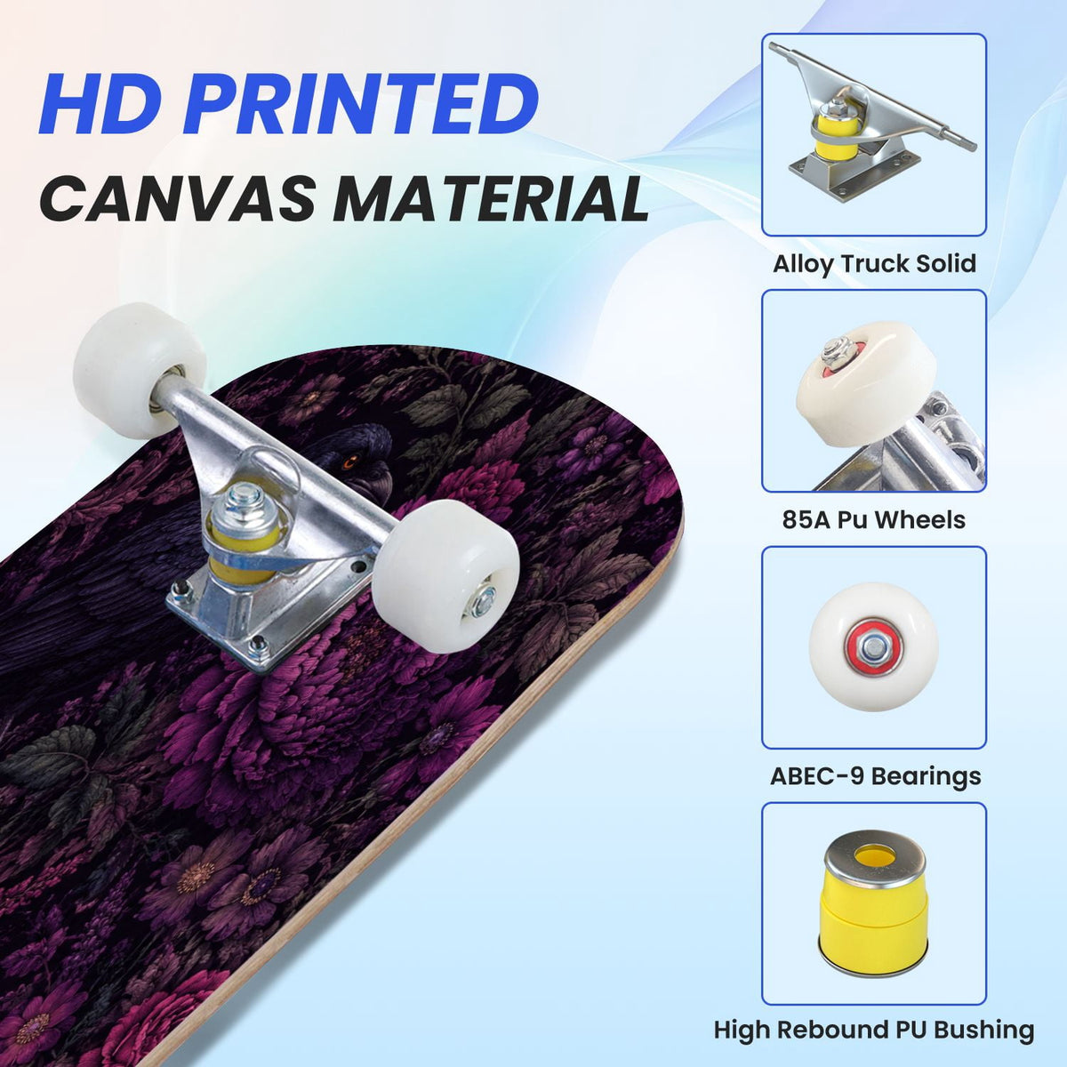31"x8" Complete Skateboards for Beginners, Purple White Cosmos Flowers Butterflies Watercolor Double Kick 7 Ply Canadian Maple Deck Skateboard with Wheels, Gifts for Kids Teens