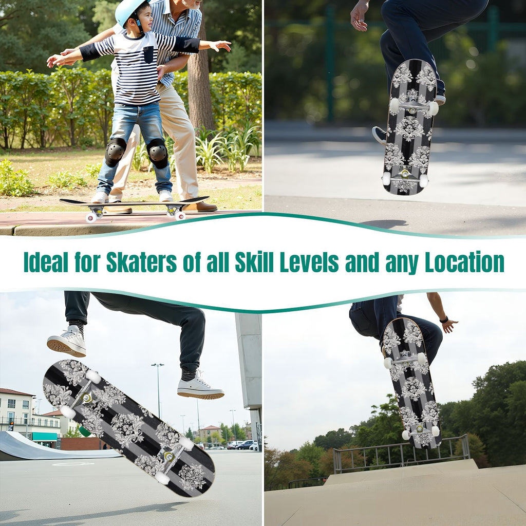 Elegant Purple Damask 31" x 8" Complete Skateboard, 7-Ply Canadian Maple Double Kick Trick Board for Kids and Beginners Adult Gifts